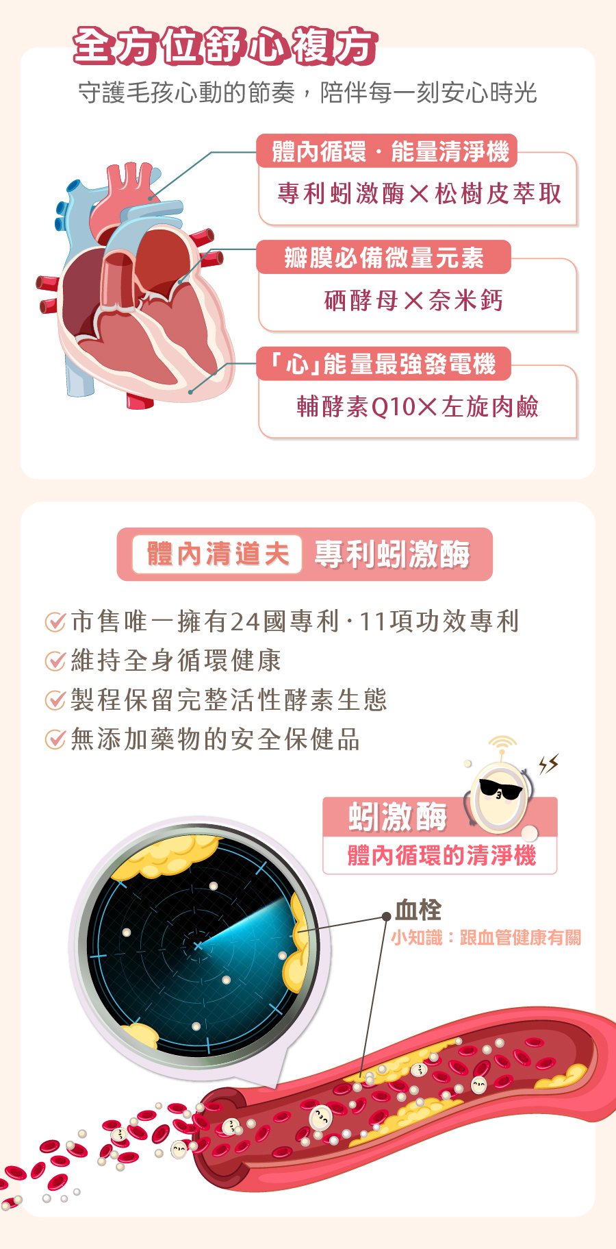 歸毛家族護心寶寵物保健食品,含日本專利蚓激酶SK末,幫助犬貓維持心血管保健與穩定心臟機能。