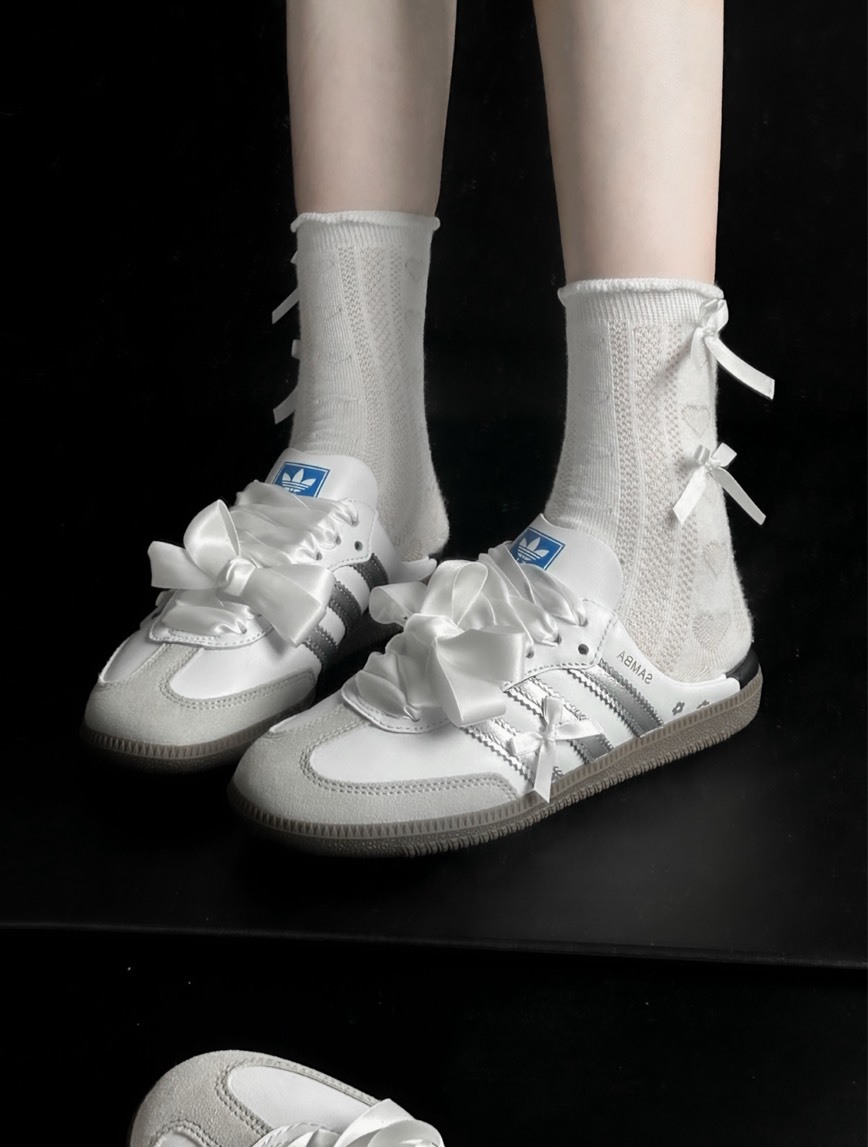 【訂製鞋款】 Adidas originals Samba OG 溫柔月光 白月光 緞帶 小花 白銀 芭蕾 懶人拖 拖鞋 LB3814(Team2568-溫柔月光BOX)