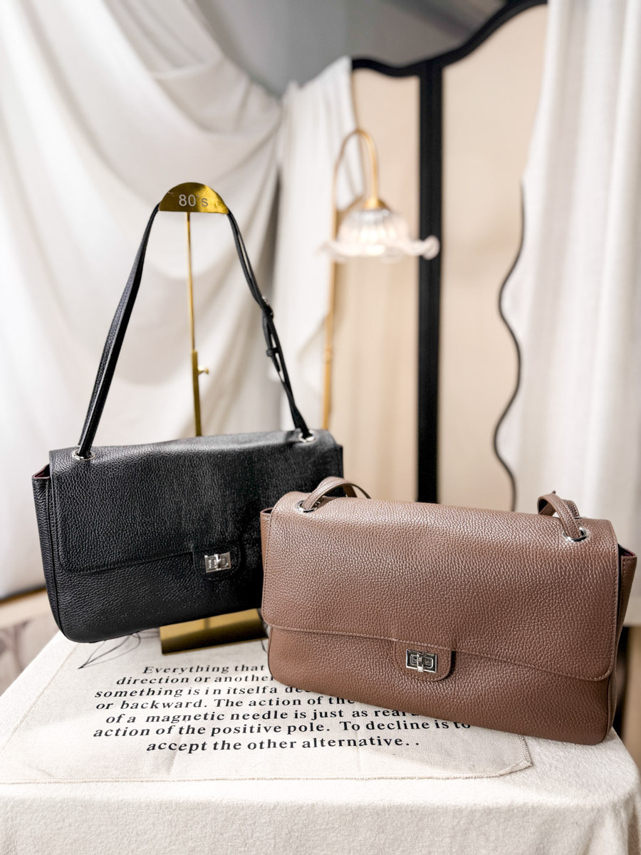 (細) 銀扣．荔枝紋 頭層牛皮 SHOULDER BAG【不設退換】