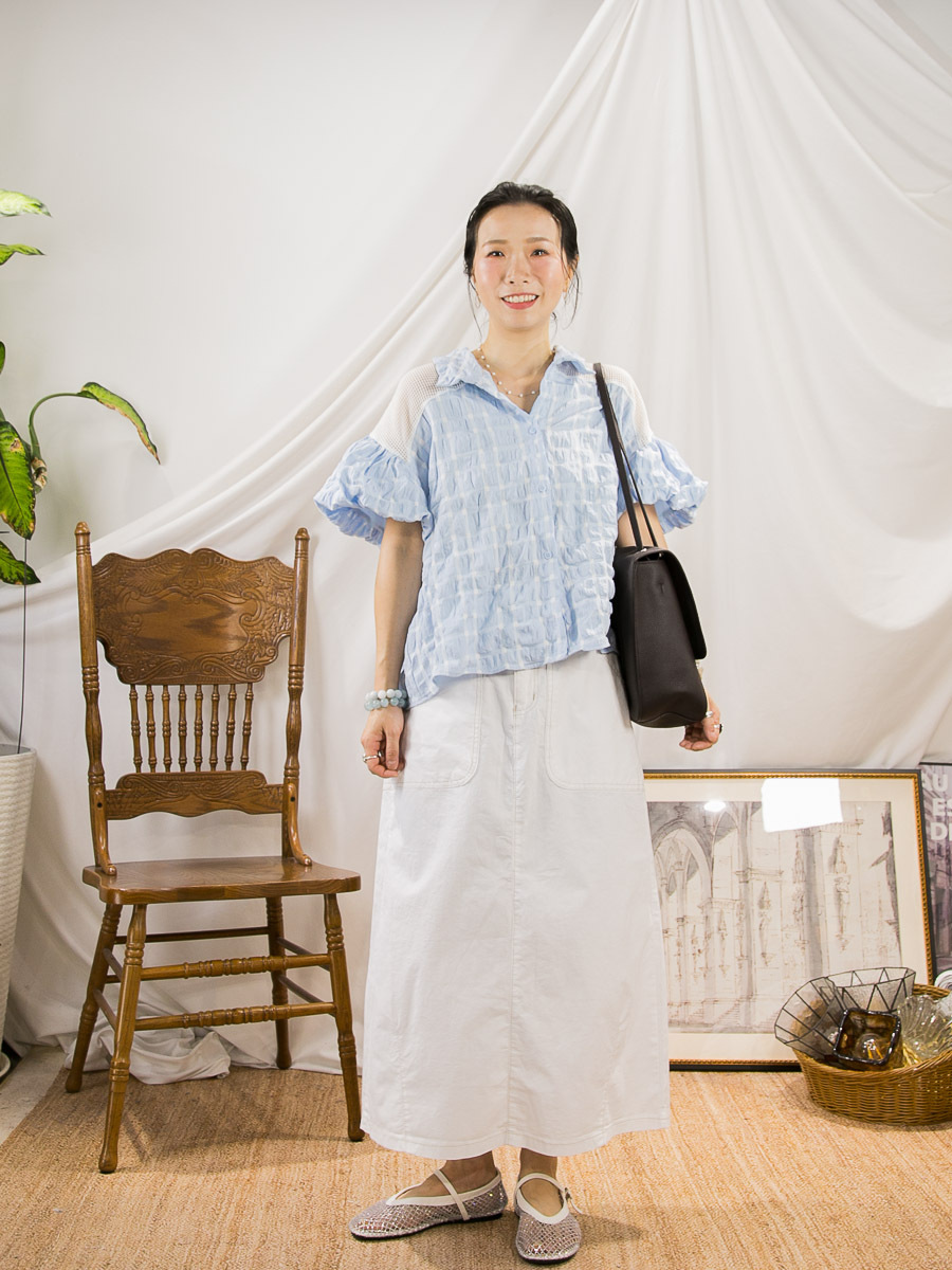 【震撼清貨】全開胸扣鈕．膊位通通．泡泡手袖．格仔縐縐麻棉料TOP【不設退換】
