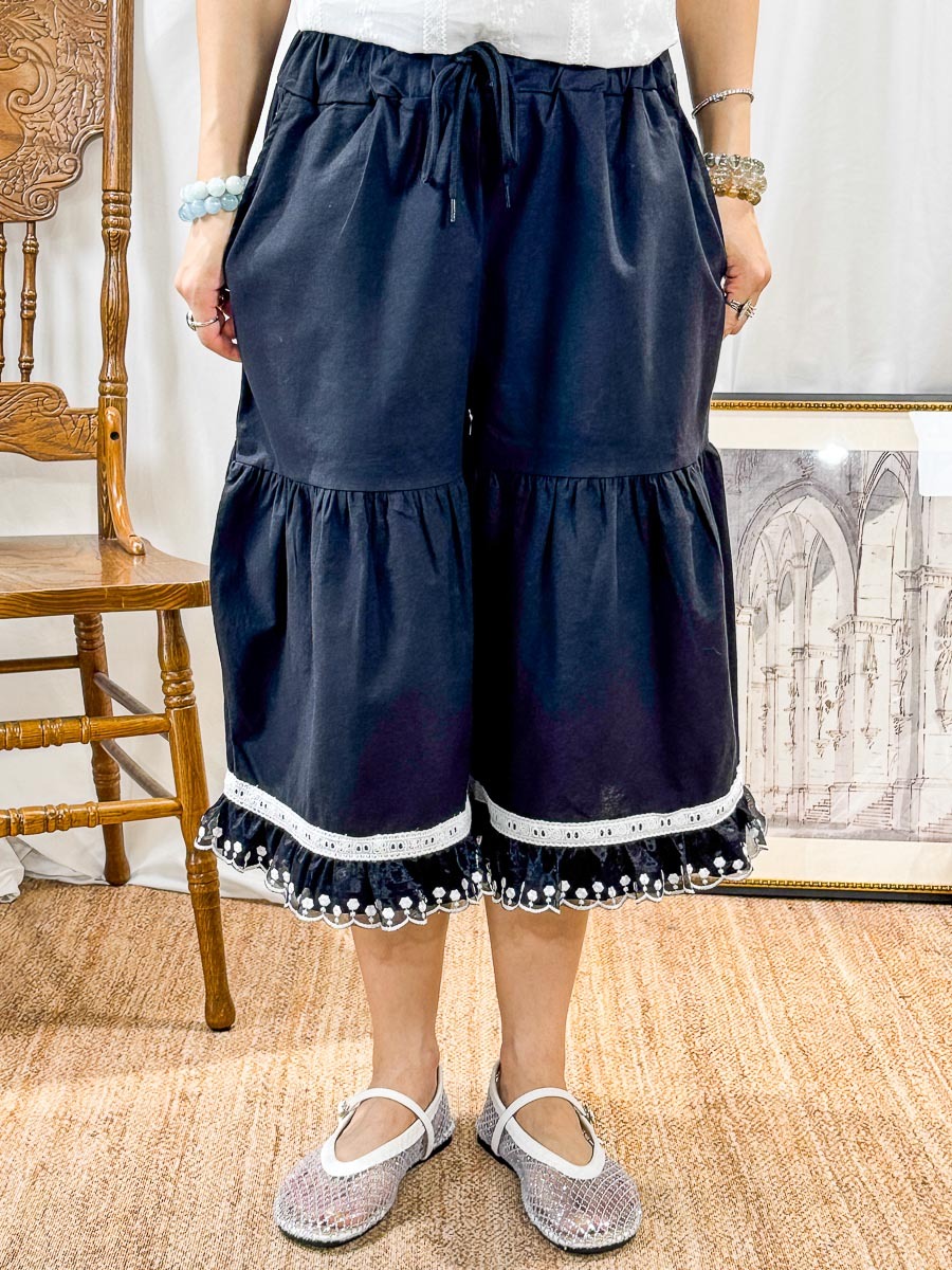 【清貨】橡根腰束繩．腳位通花刺繡網布 LACE．麻棉料褲 (有袋)【不設退換】