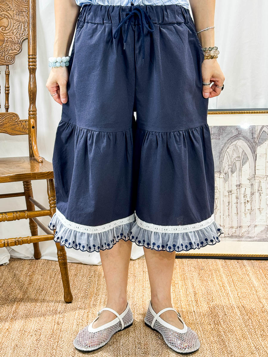 【清貨】橡根腰束繩．腳位通花刺繡網布 LACE．麻棉料褲 (有袋)【不設退換】