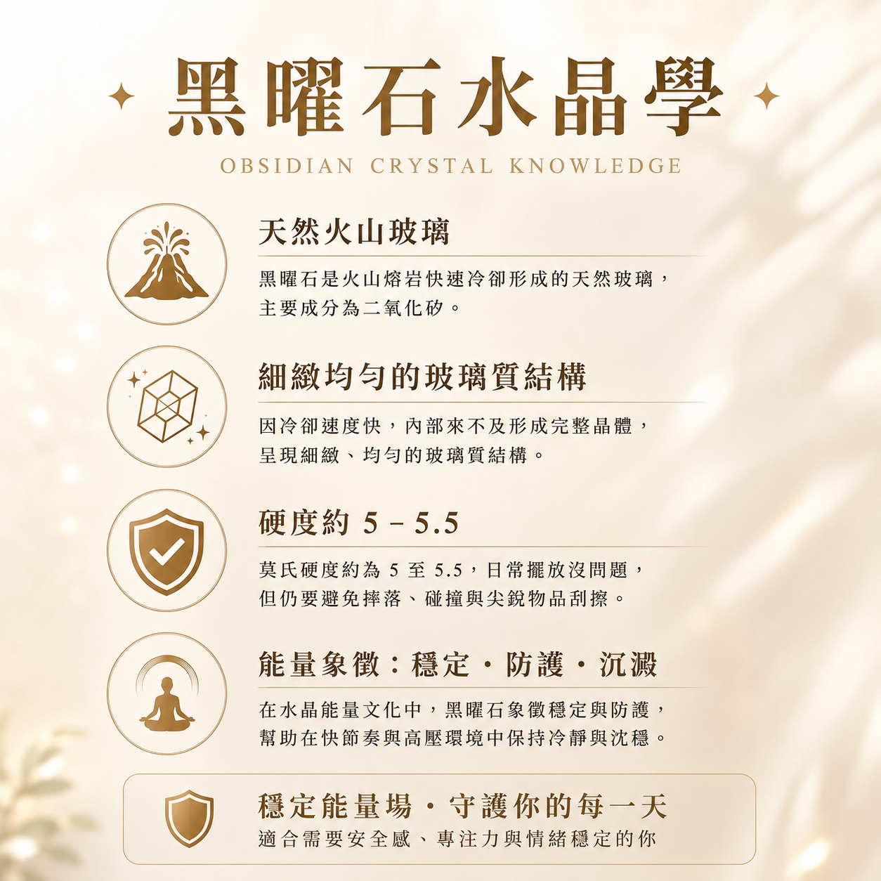 黑曜石功效, 黑曜石是什麼, 黑曜石硬度, 黑曜石五行, 黑曜石能量, 天然火山玻璃, 黑曜石成分, 黑曜石防護能量, 黑曜石穩定情緒, 黑曜石水晶知識圖, 介紹黑曜石由火山熔岩快速冷卻形成、主要成分為二氧化矽、莫氏硬度約5至5.5,並象徵穩定、防護與沉澱。