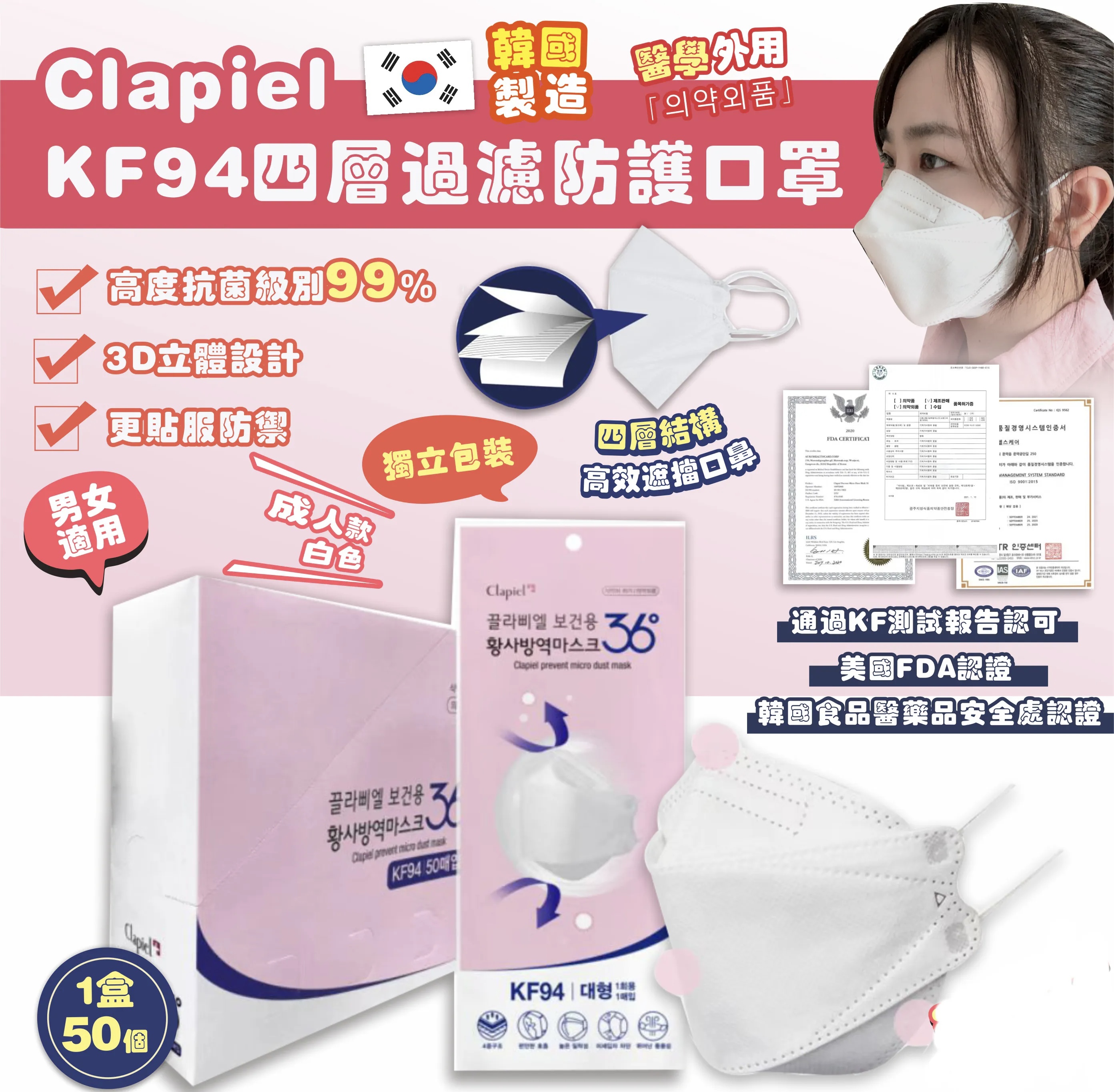 (現貨) Clapiel KF94 四層過濾防護口罩成人白色口罩*1盒50個