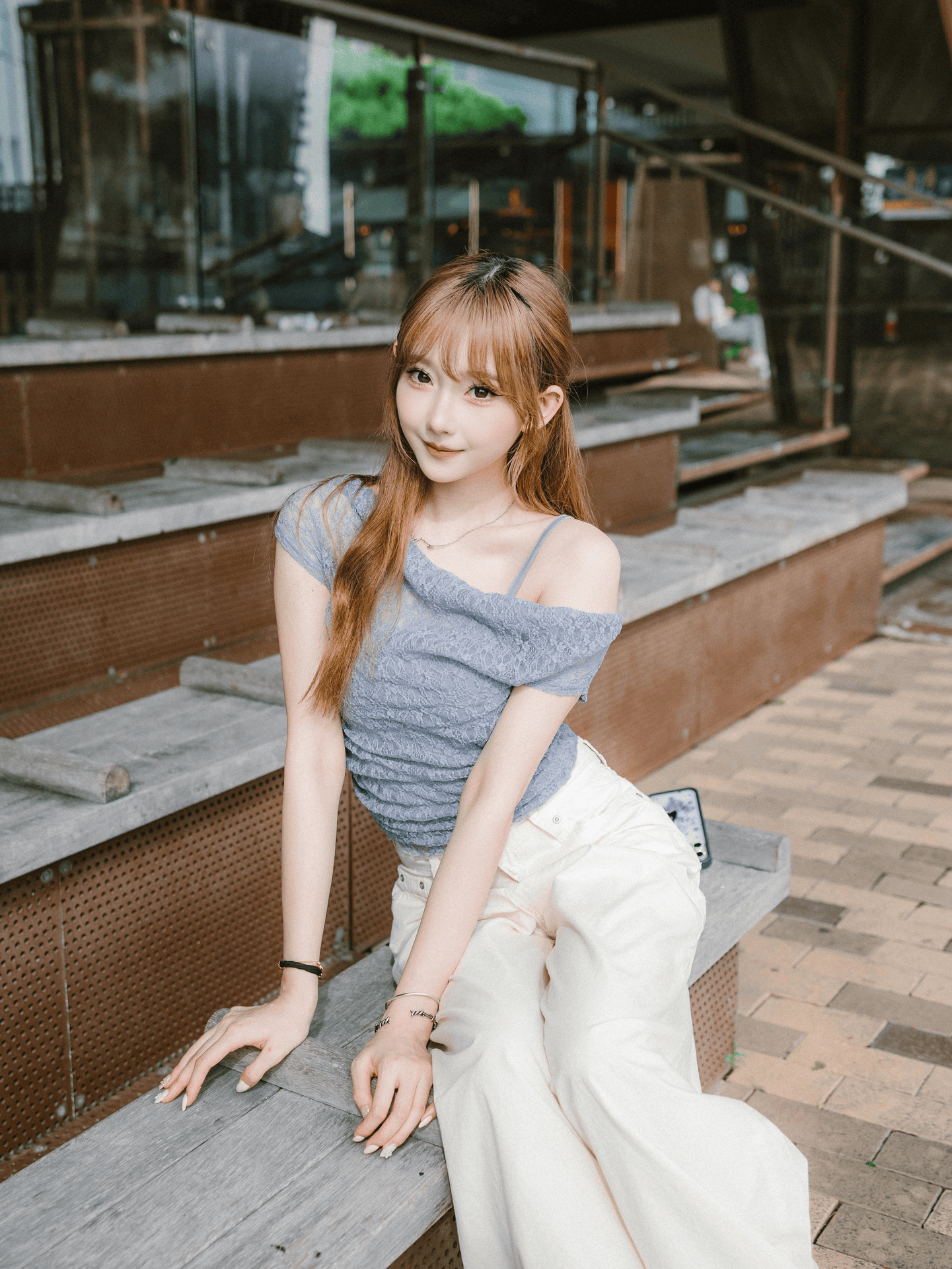 (短袖ver.) Girlish Lace One Shoulder Top Set
