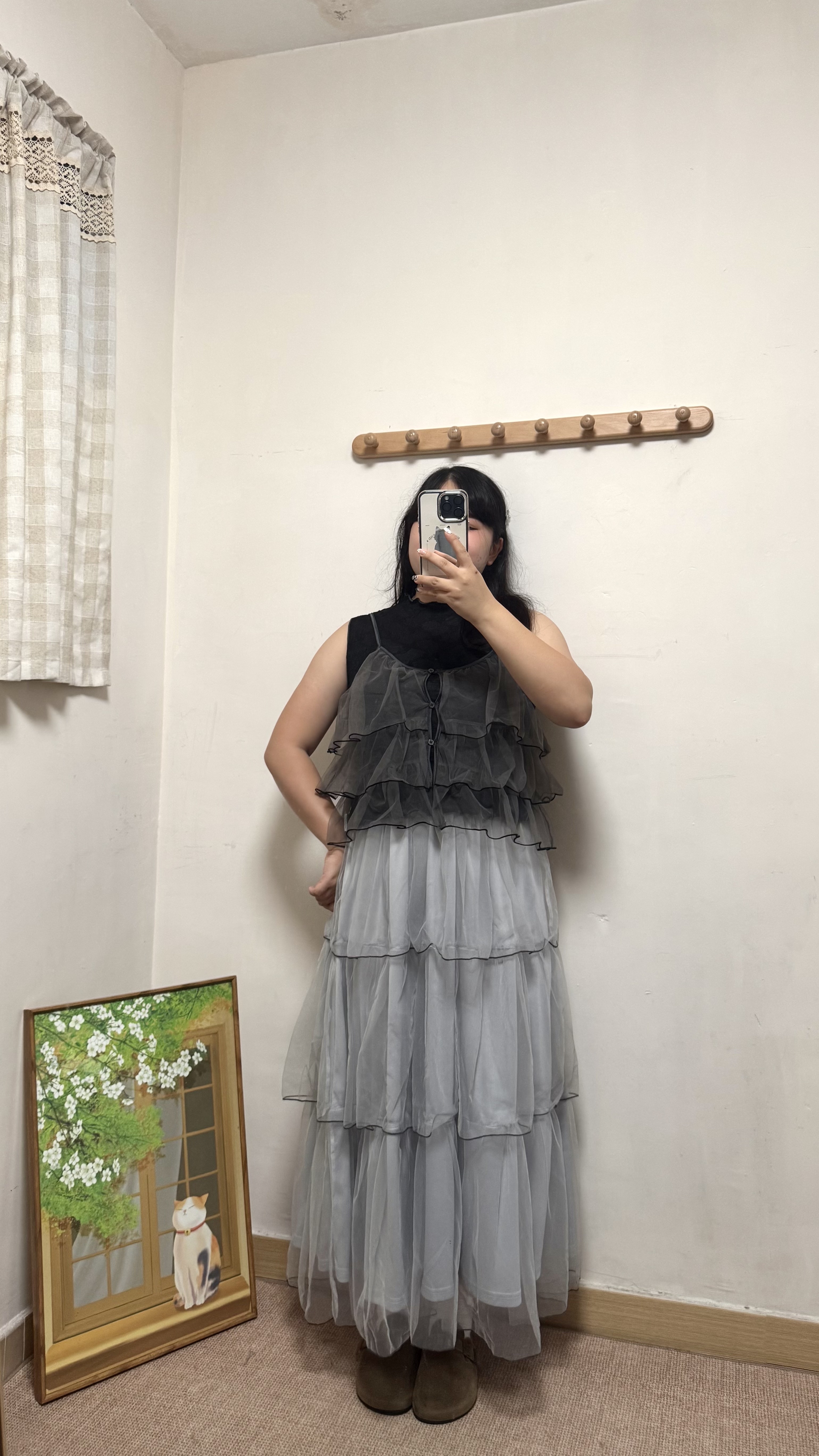 千層短身拼邊透身吊帶