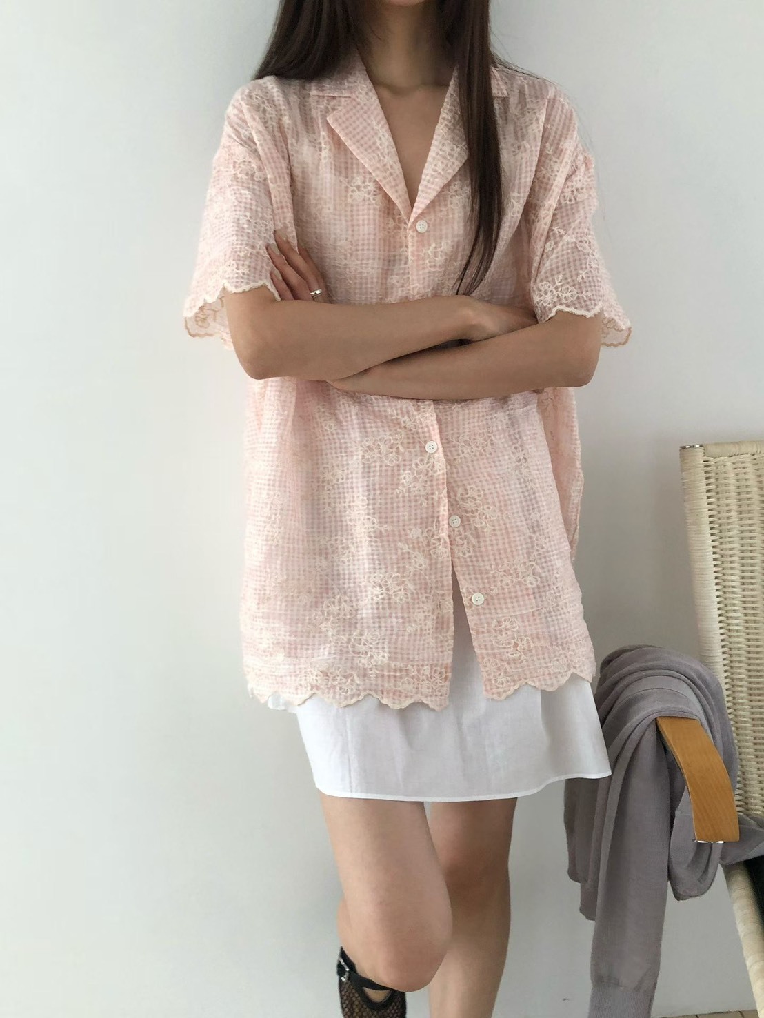 蕾絲紋布料花邊休閒度假襯衫
