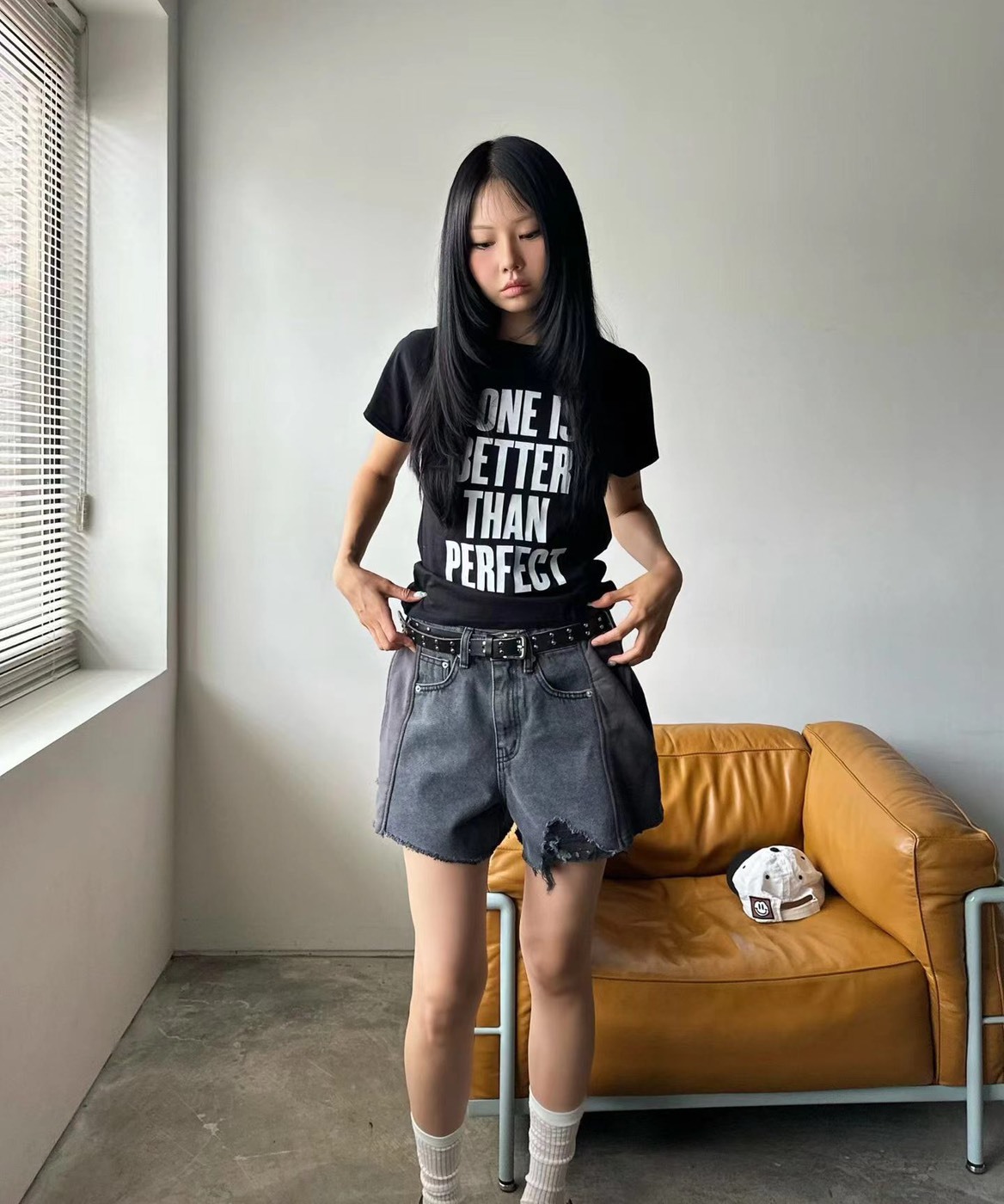 拚色牛仔破損短褲