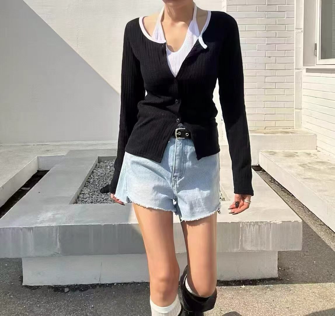 淺藍前短不收邊牛仔短褲