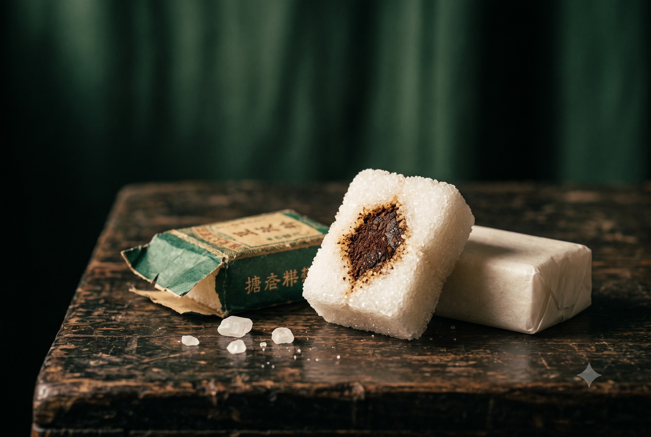 一塊白方糖咖啡的剖面特寫,厚厚的白色結晶糖殼中間嵌著一團深色的咖啡粉