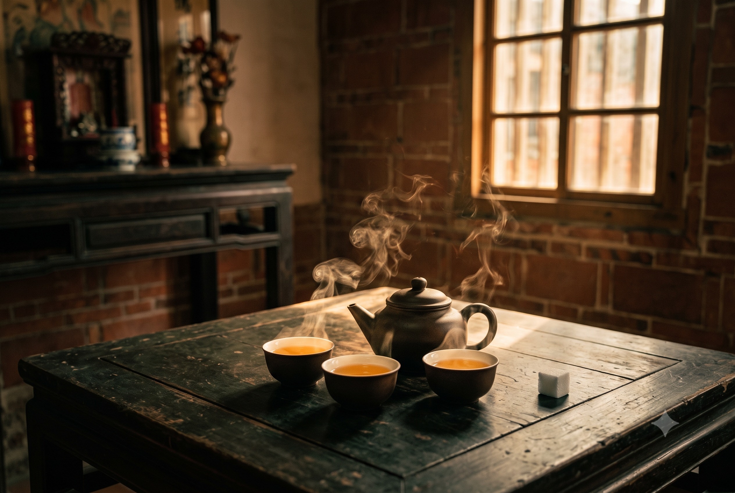 金門老宅客廳的木桌上,一壺熱茶與幾只茶杯冒著熱氣,桌角放著一塊沒人動的方糖咖啡