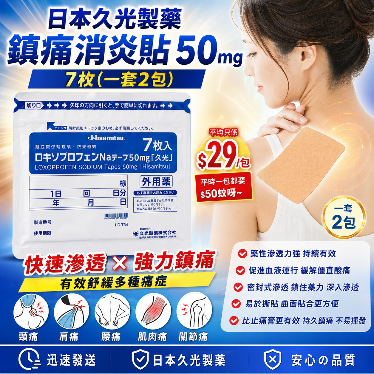 【UB9864】日本久光製藥鎮痛消炎貼 50mg 7枚 (1套2包)