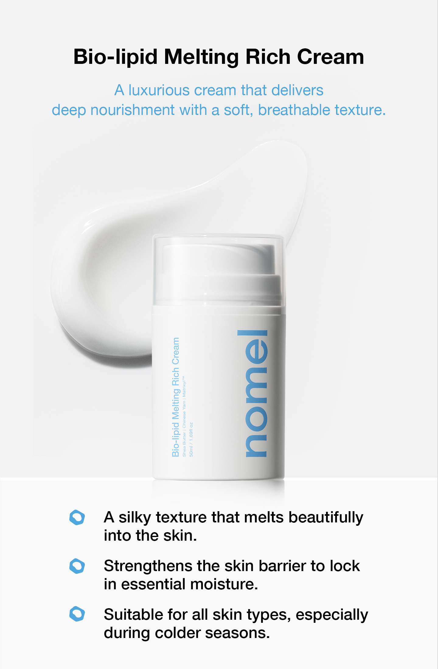 nomel Bio-lipid Melting Rich Cream silky smooth texture suitable for all skin types
