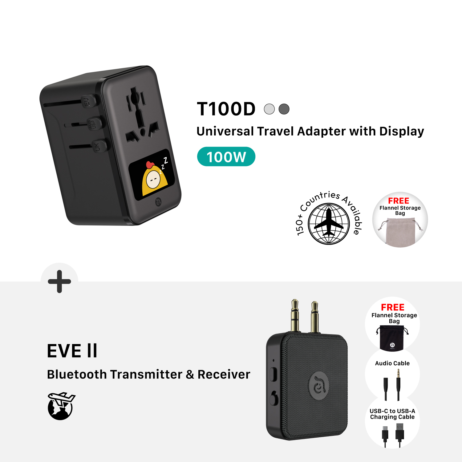 T100D 100W 数显型旅行万用电源供应器 搭配 EVE II 飞机用蓝牙音讯收发器