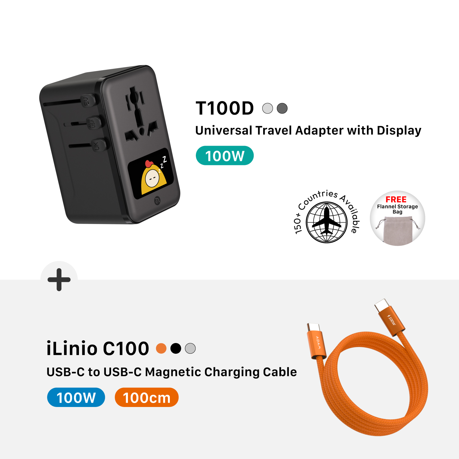 T100D 100W 数显型旅行万用电源供应器 搭配 iLinio C100 USB-C 100W 磁吸充电线 (一组二入)