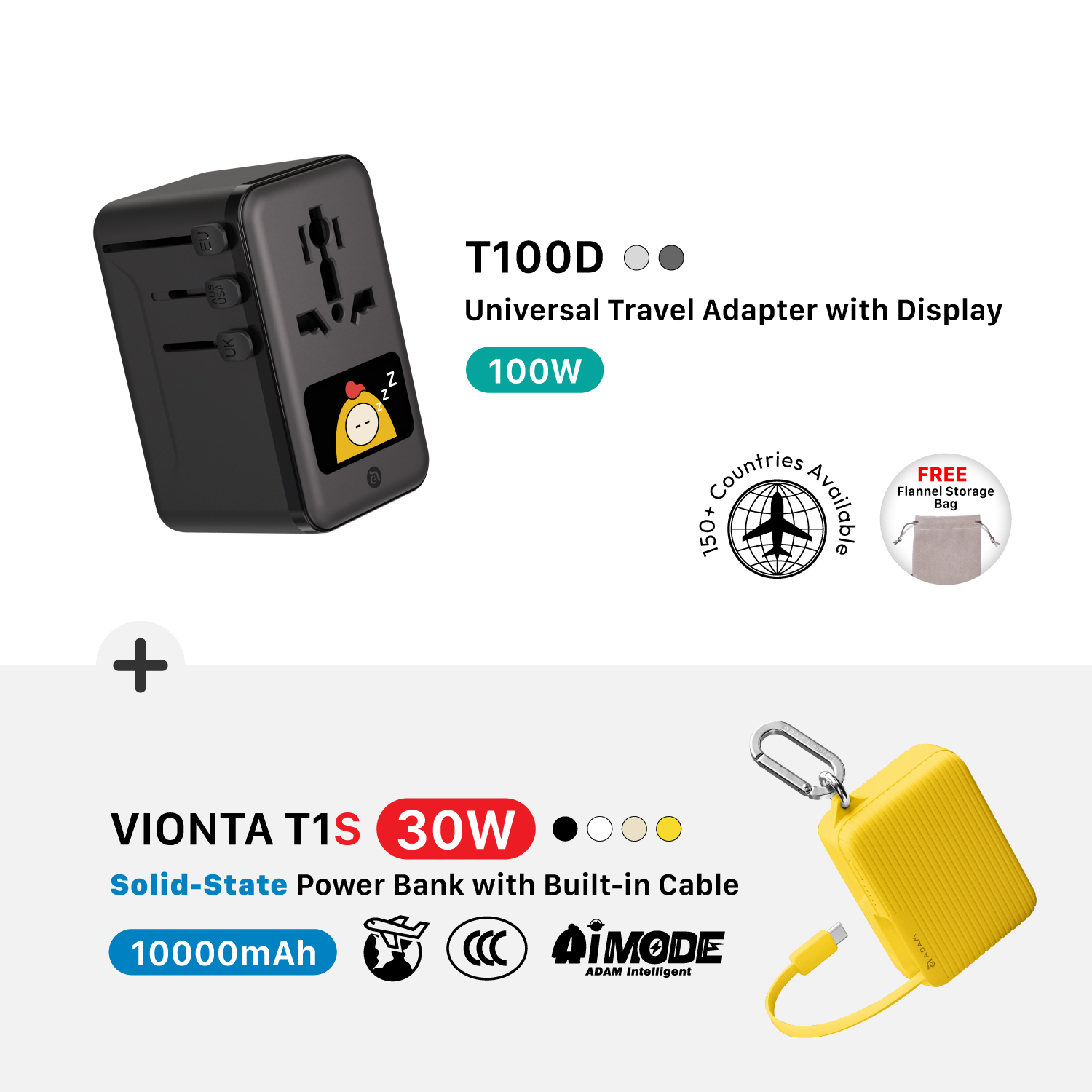 T100D 100W 数显型旅行万用电源供应器 搭配 VIONTA T1S 自带线固态式行动电源