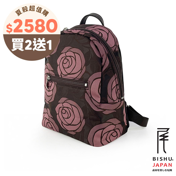 日本製-尾州織 漫步玫瑰園淑女後背包-粉玫瑰
