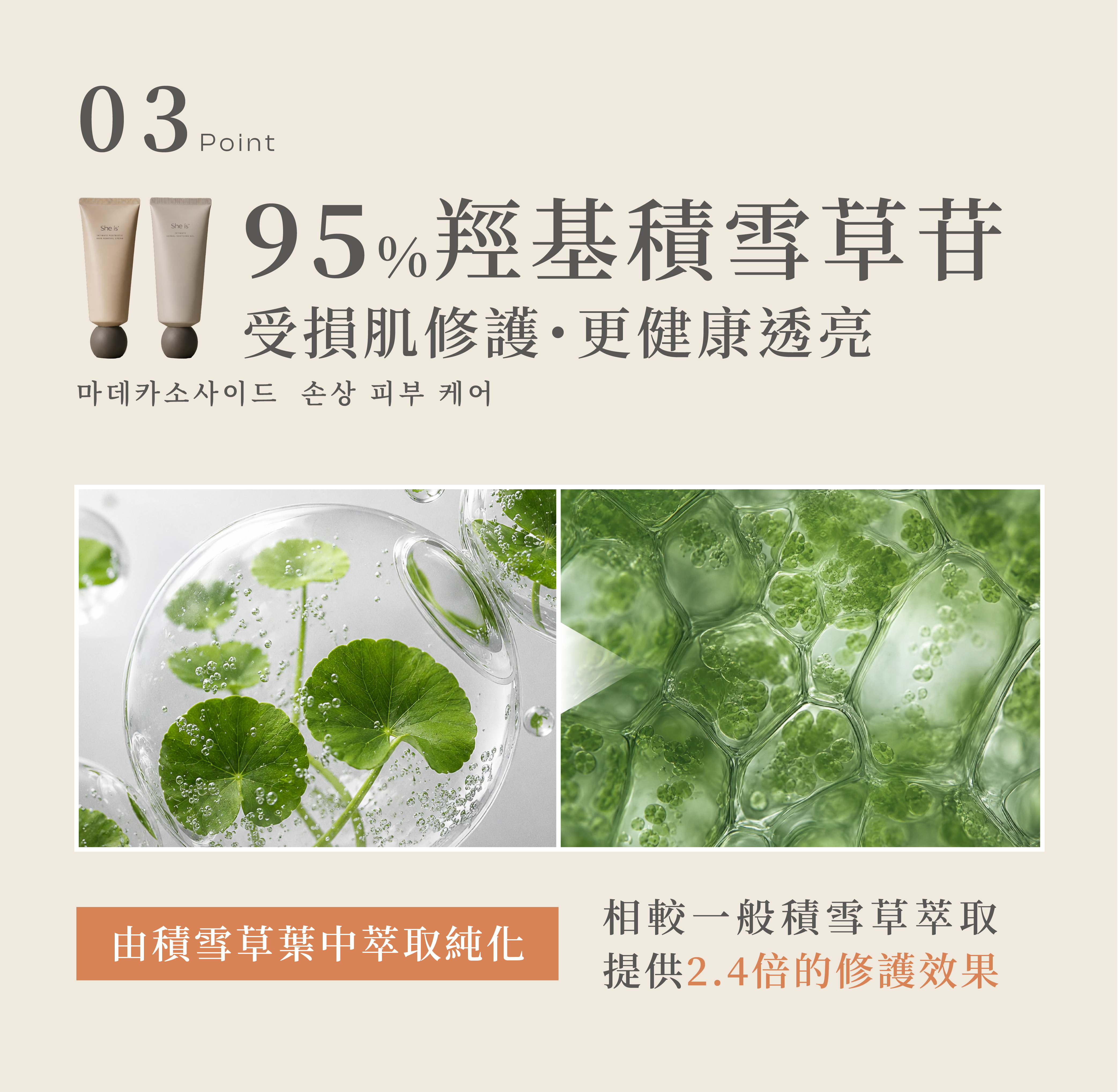 She is 私密淨毛修護系列含95%積雪草苷,幫助受損肌膚修護