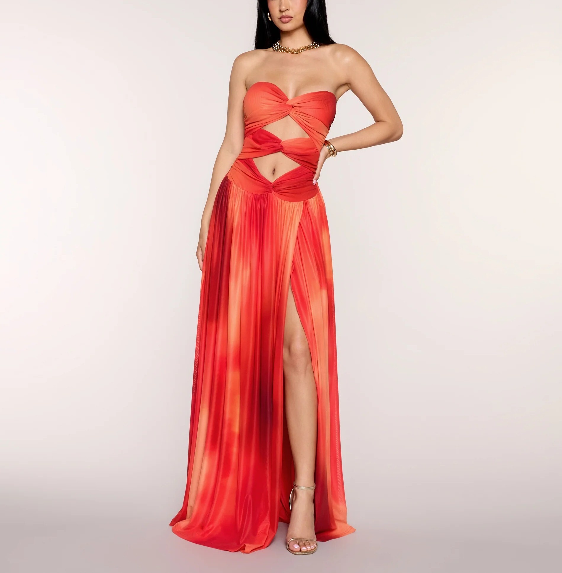 Sunset Orange黃昏橘紅色桃心領扭結Cutout開叉Dress