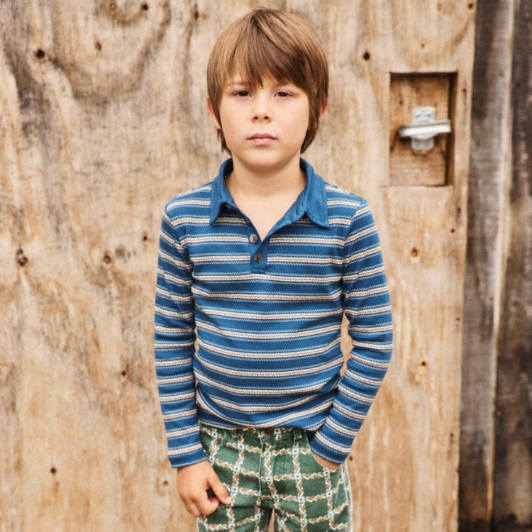 Misha & Puff 條紋撞色長袖襯衫 Long Sleeve Polo - Marine Blue Sgraffito