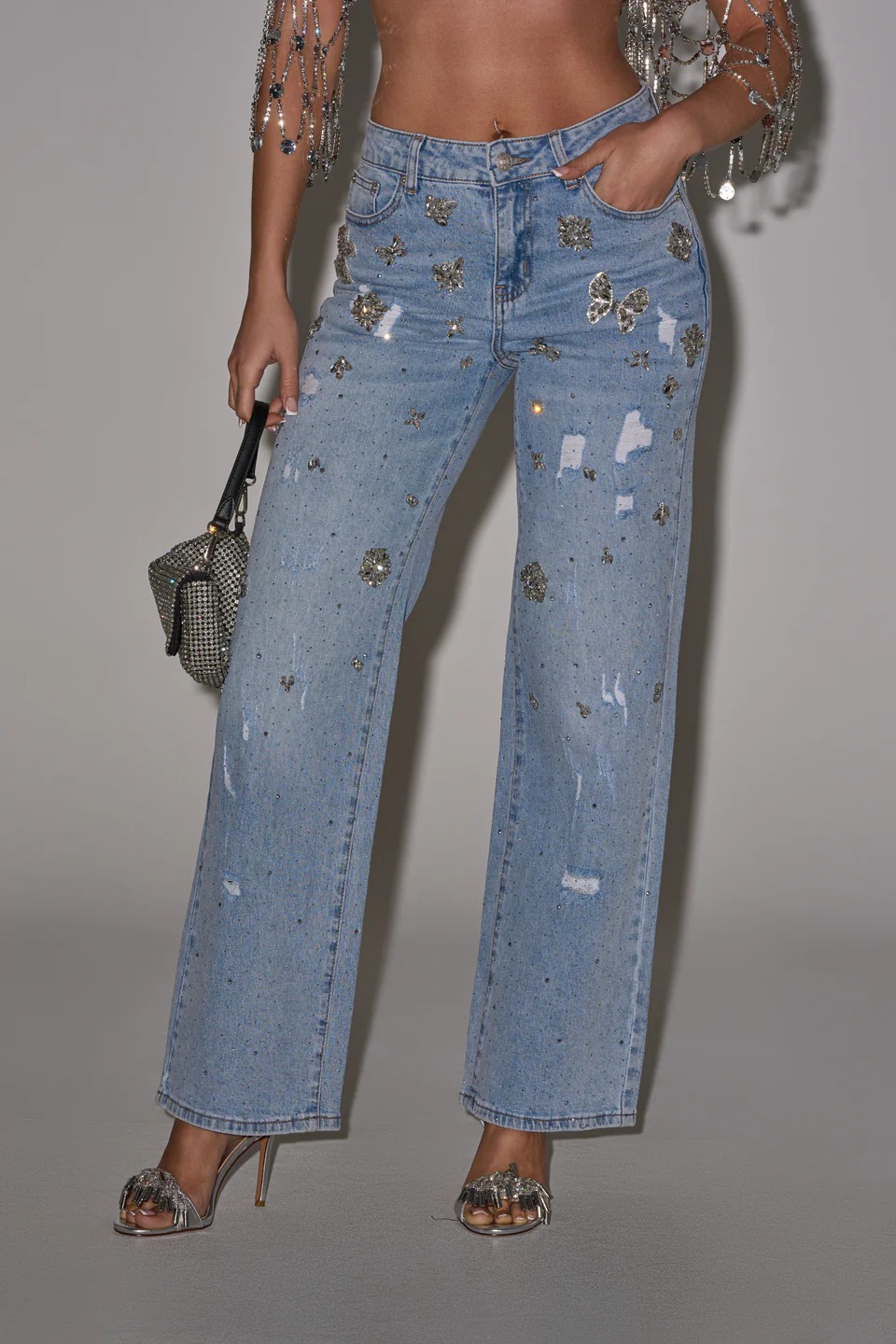 Denim Glam手工縫寶石燙鑽單寧牛仔褲