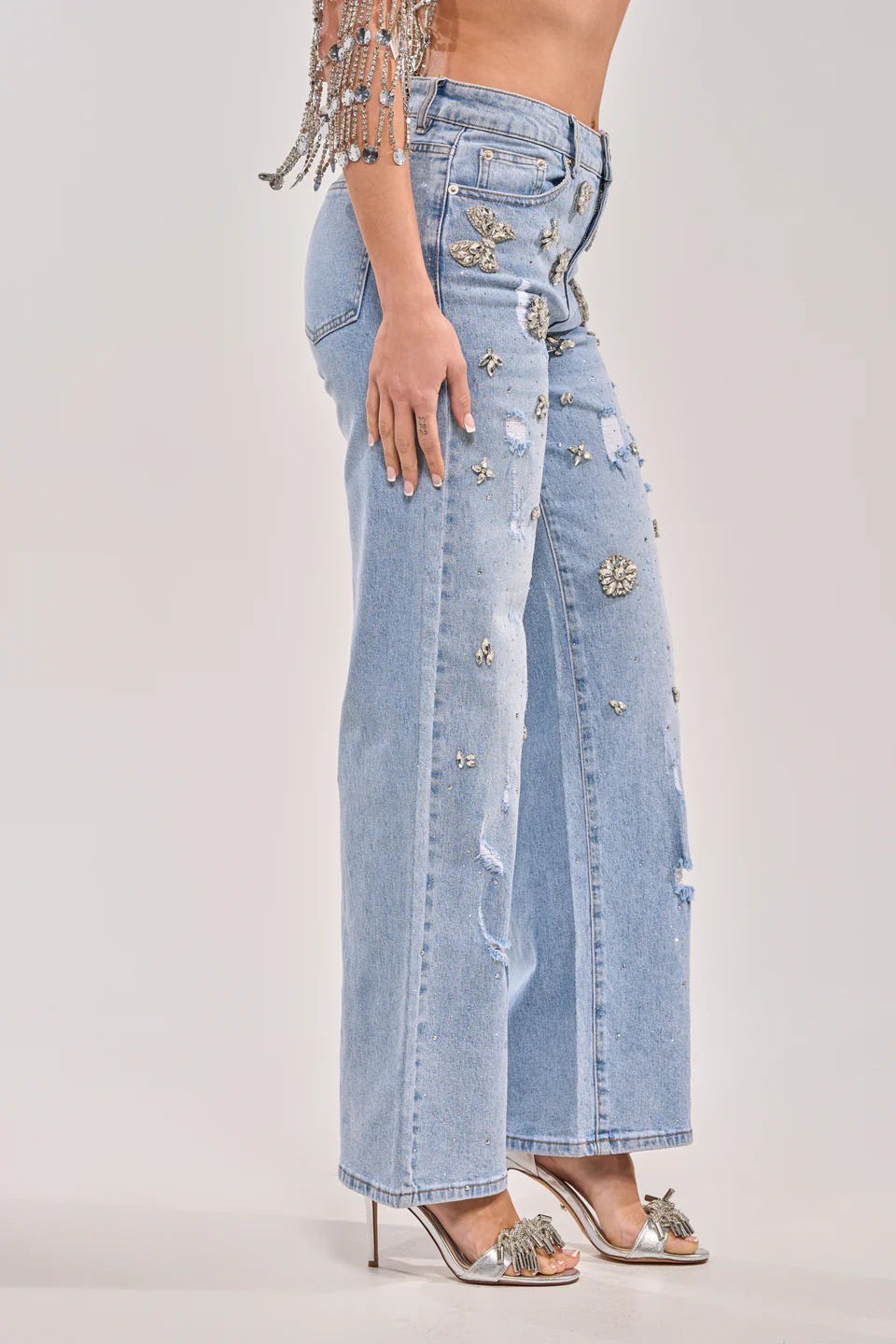Denim Glam手工縫寶石燙鑽單寧牛仔褲
