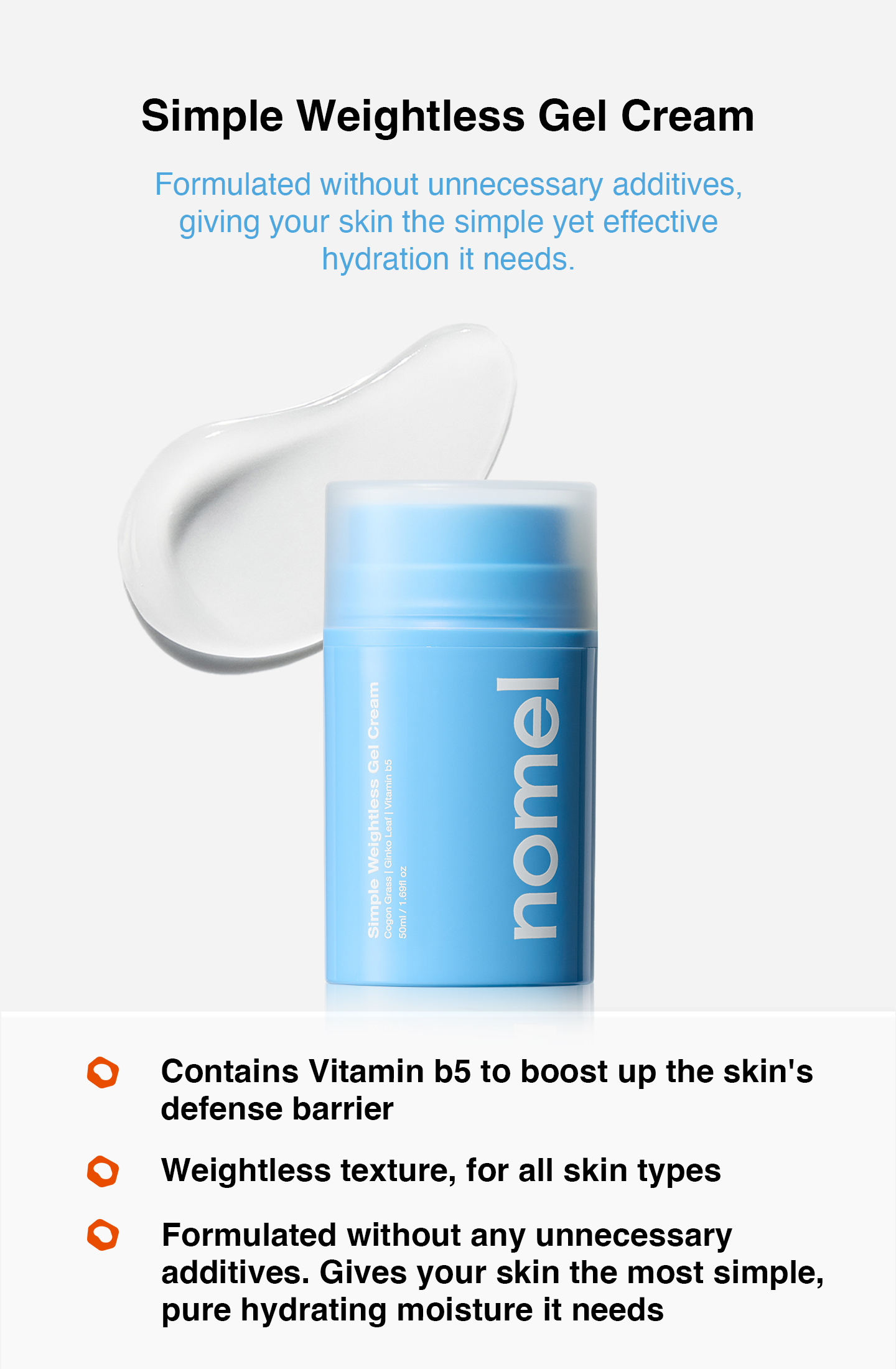 nomel Simple Weightless Gel Cream strengthening skin barrier with lightweight hydrating texture concept image