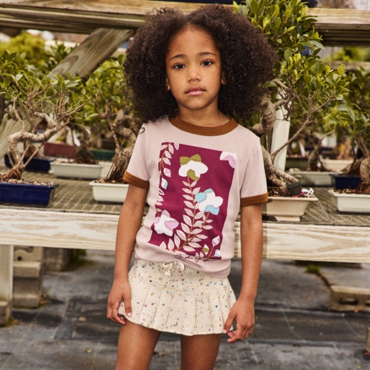 Misha & Puff 花卉繪版畫滾邊上衣 Kikyo Flower Ringer Tee - Turtledove