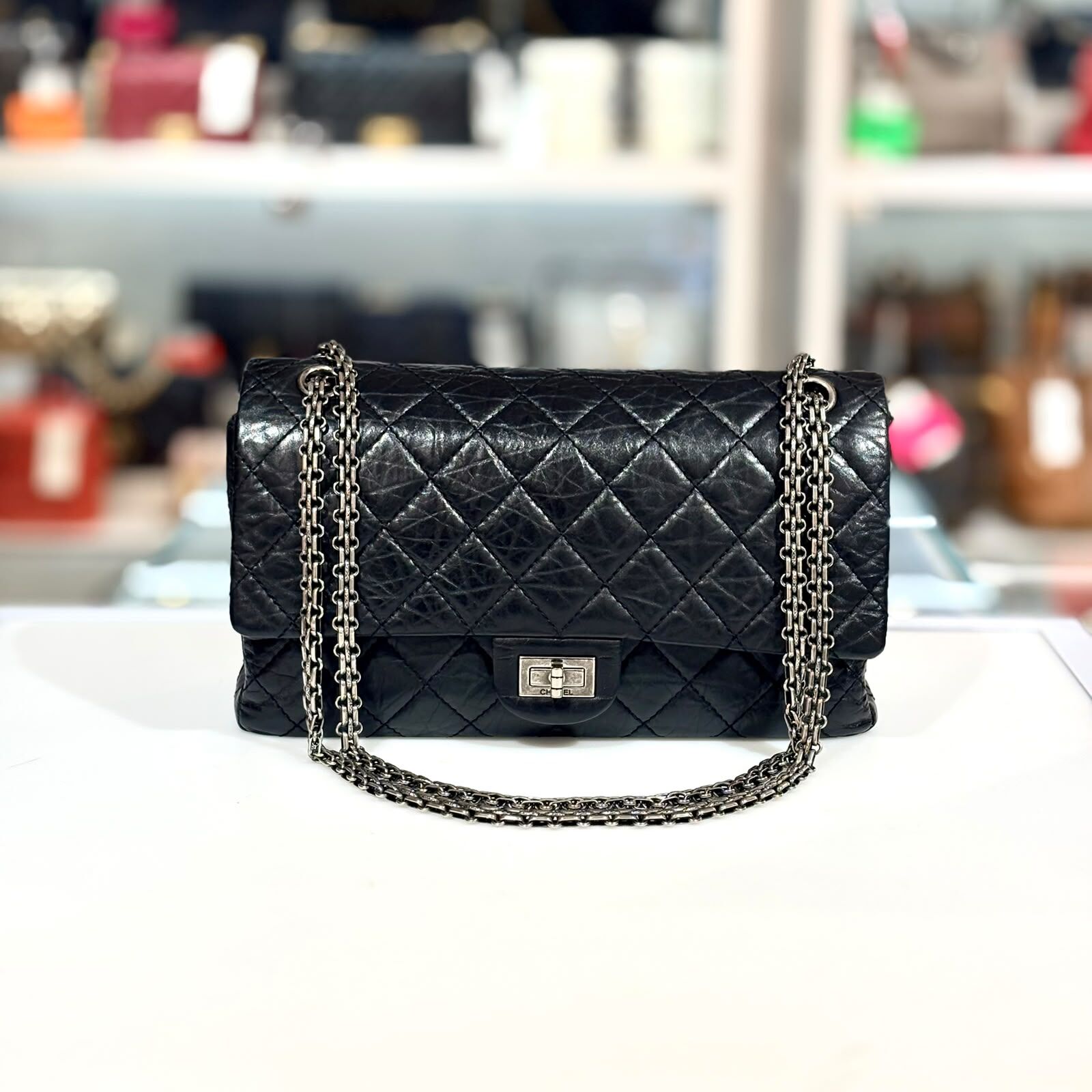 95%NEW二手CHANEL 2.55 單肩包, A37590, 復古皺紋牛皮, 復古銀扣,MEDIUM, #香榭站正品
