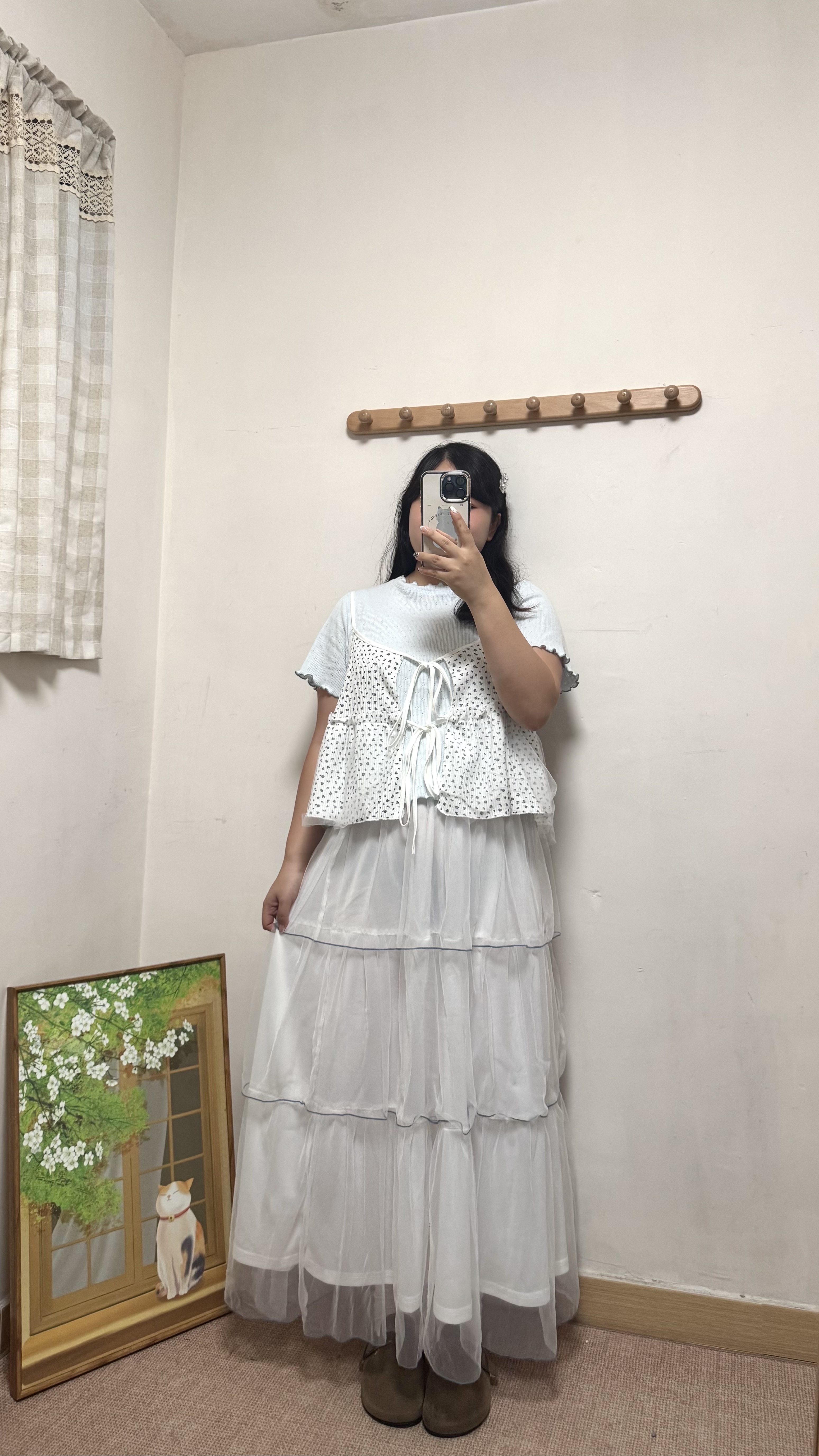 小碎花拼紗直紋吊帶