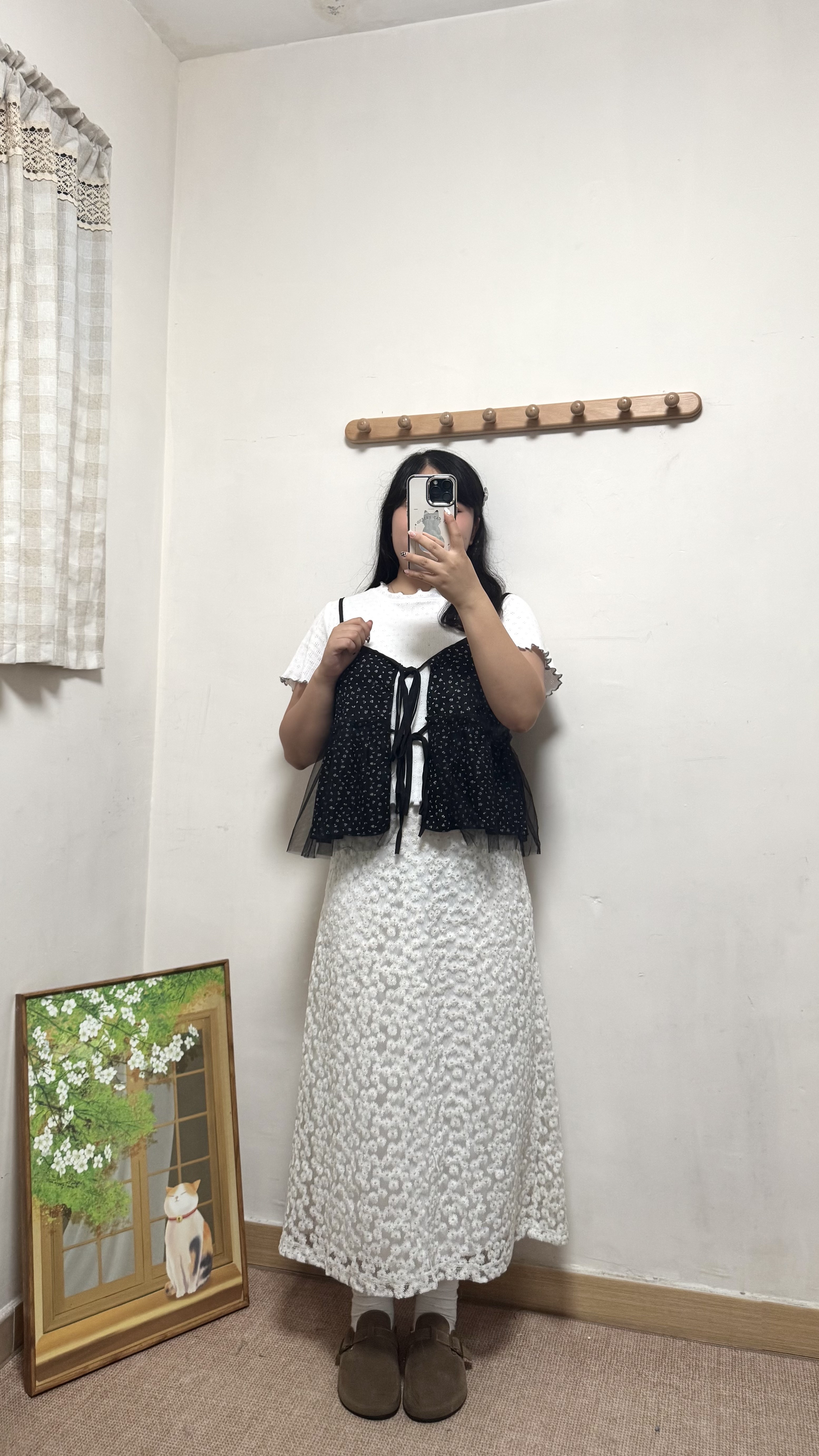 小碎花拼紗直紋吊帶
