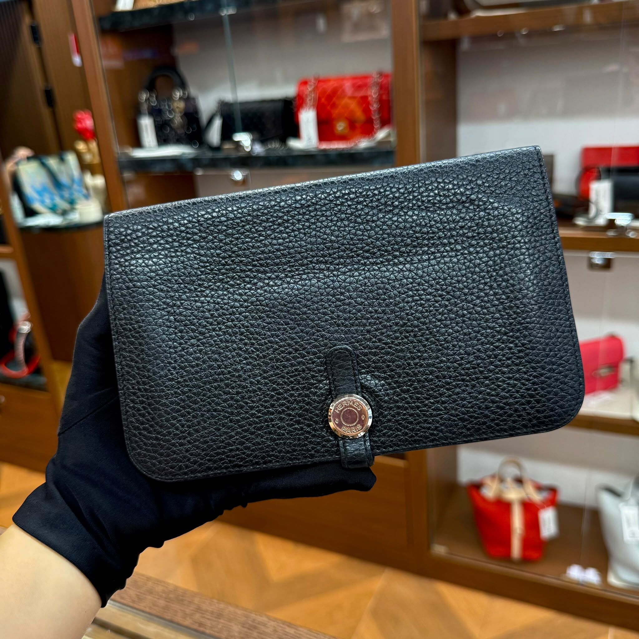 90%NEW USED HERMES DOGON DUO WALLET 黑色銀扣TOGO皮 STAMP O #愛馬仕長銀包