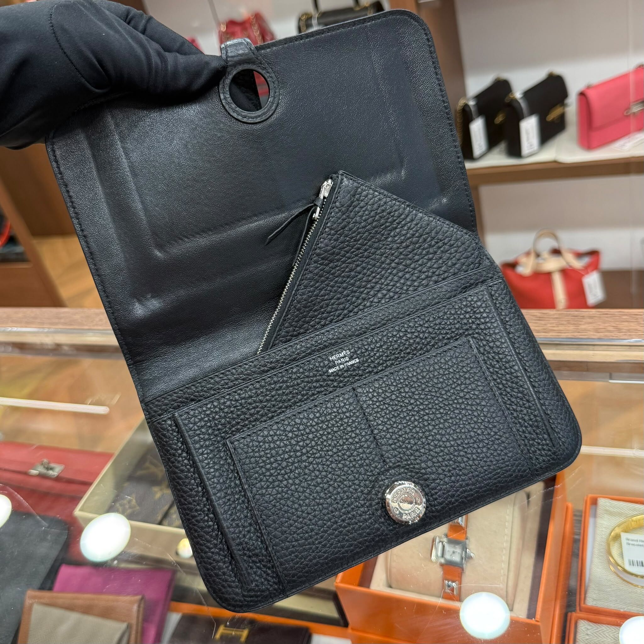 90%NEW USED HERMES DOGON DUO WALLET 黑色銀扣TOGO皮 STAMP O #愛馬仕長銀包