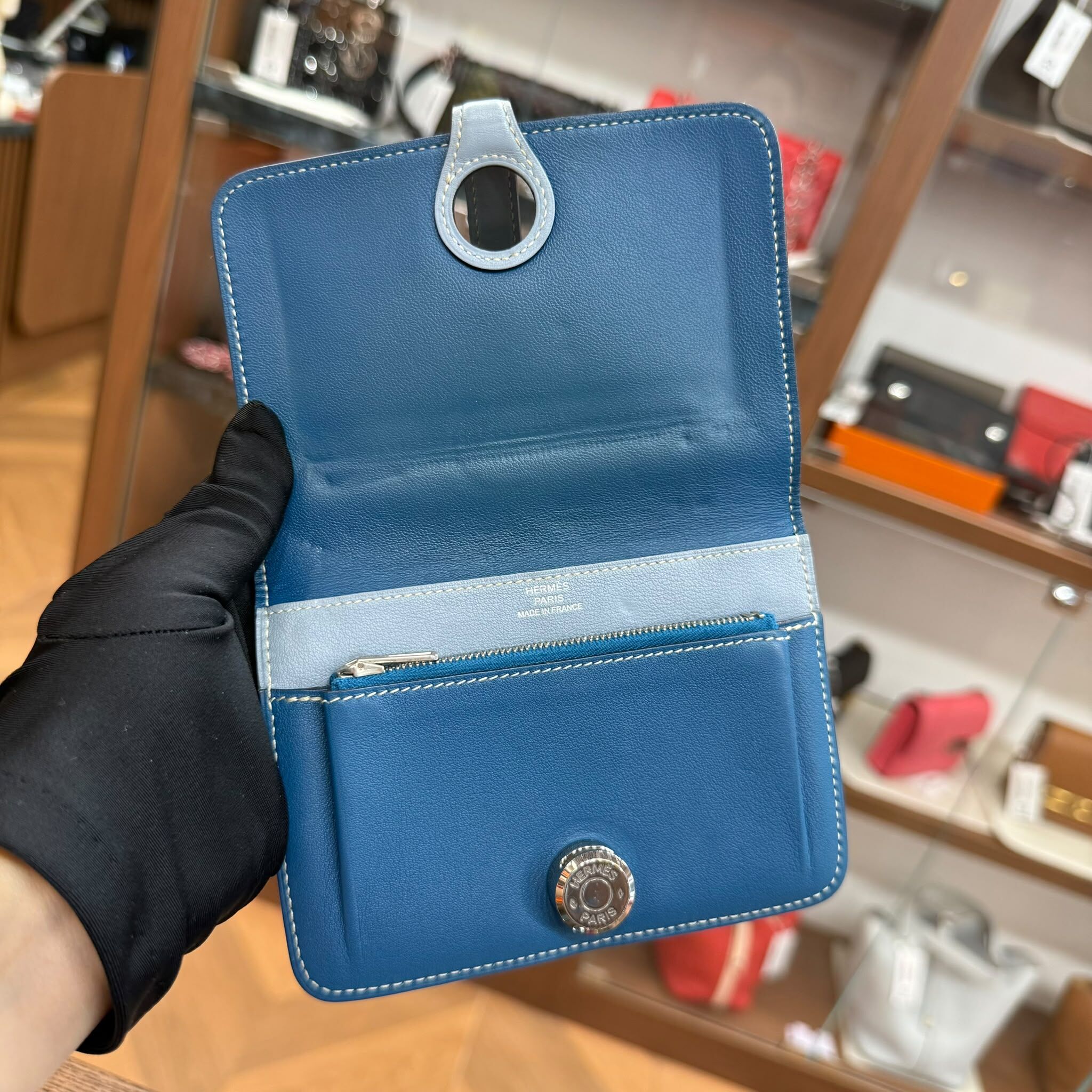 90%NEW USED HERMES短銀包 DOGON COMPACT WALLET SWIFT皮湖水藍銀扣 STAMP Q  #愛馬仕