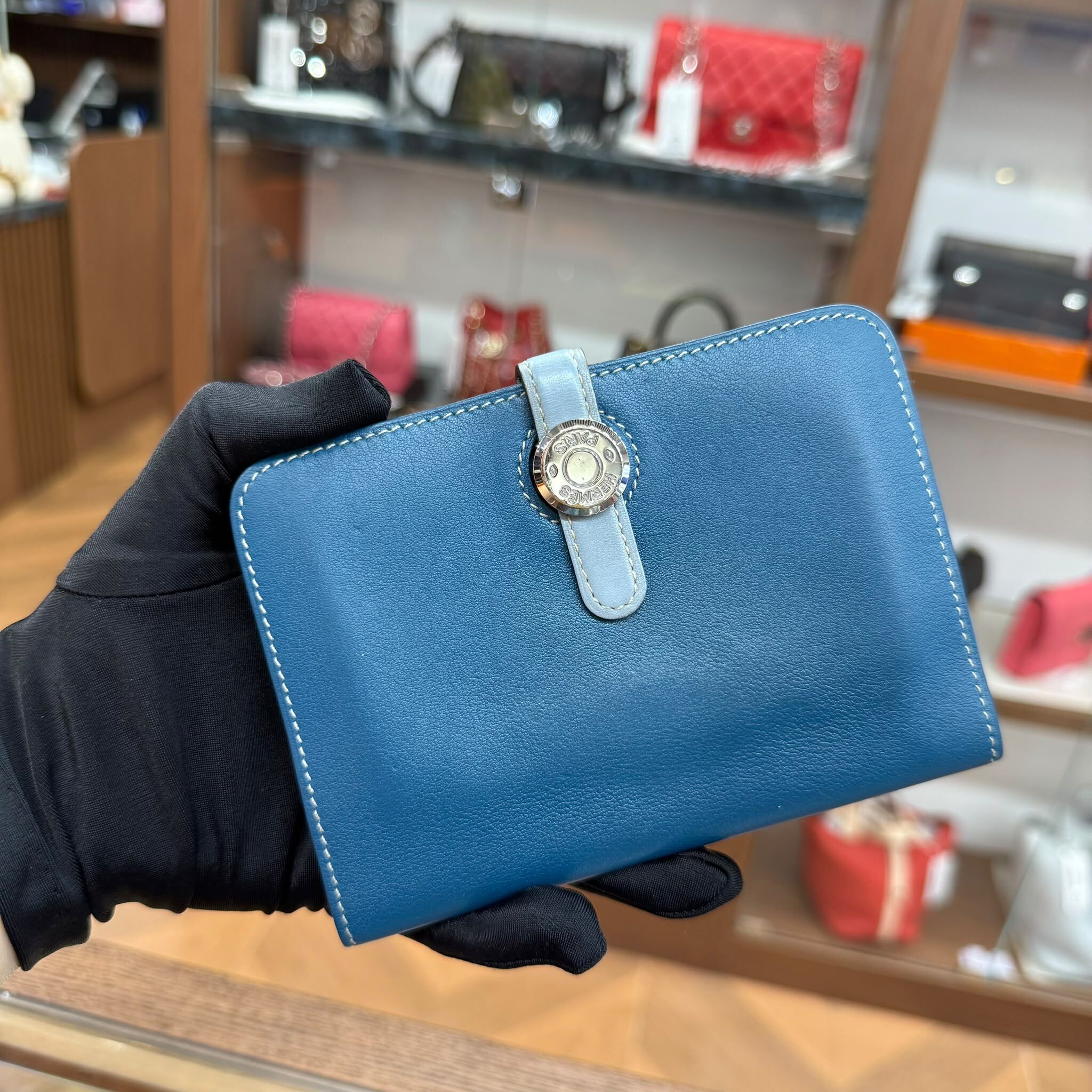 90%NEW USED HERMES短銀包 DOGON COMPACT WALLET SWIFT皮湖水藍銀扣 STAMP Q  #愛馬仕