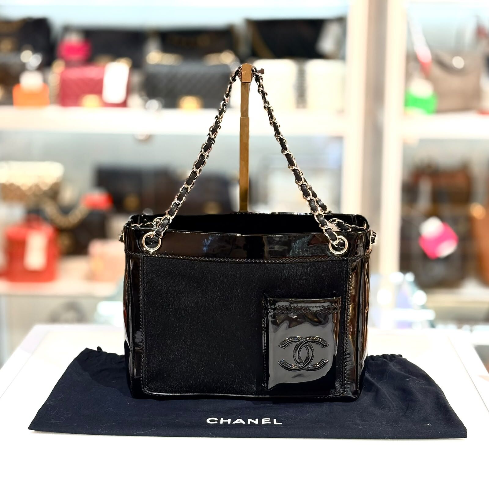 98%NEW二手CHANEL單肩包/手挽袋, 罕有黑色馬毛/漆皮銀扣, Patent Pony Hair Small Pocket Tote Black, @10開 #香榭站正品