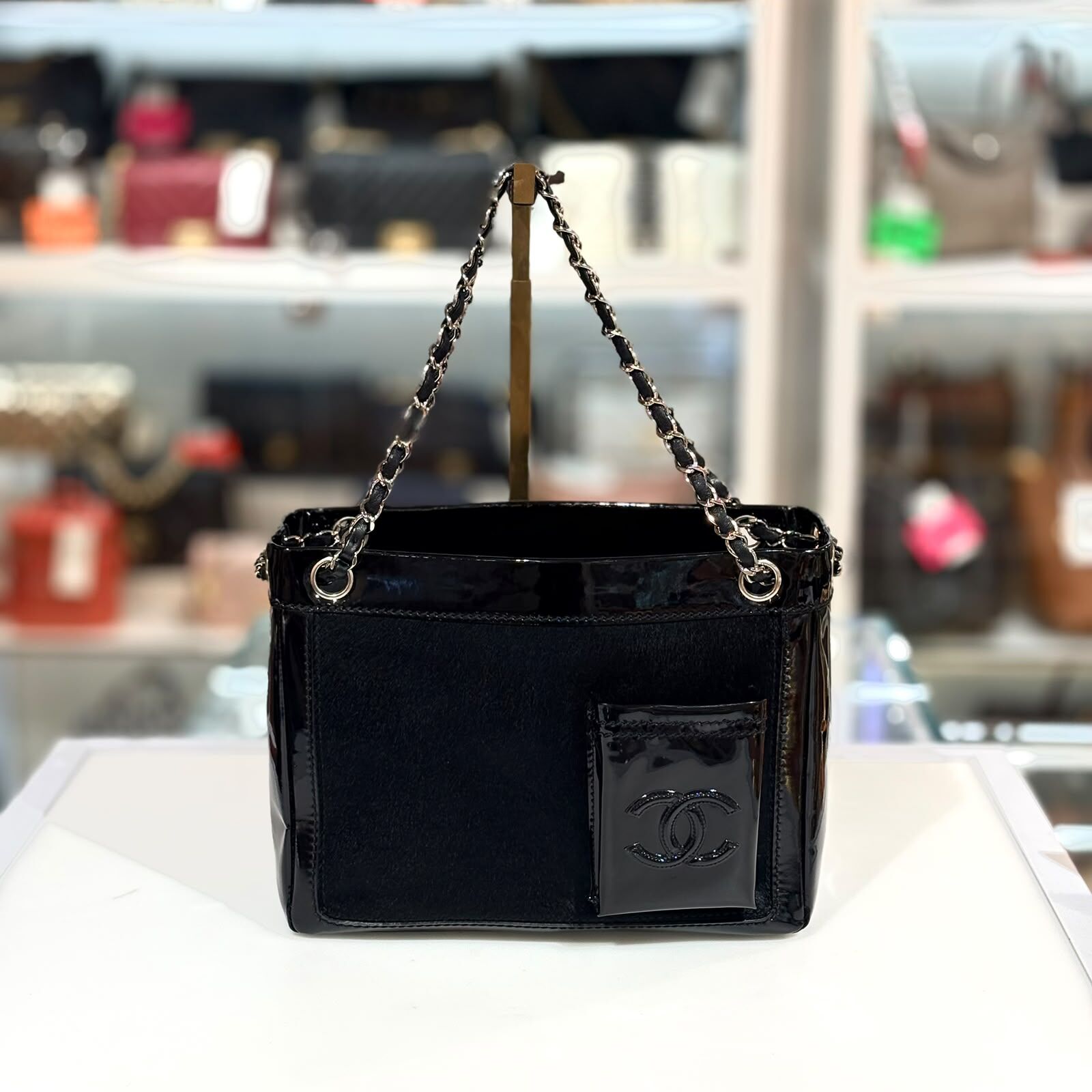 98%NEW二手CHANEL單肩包/手挽袋, 罕有黑色馬毛/漆皮銀扣, Patent Pony Hair Small Pocket Tote Black, @10開 #香榭站正品