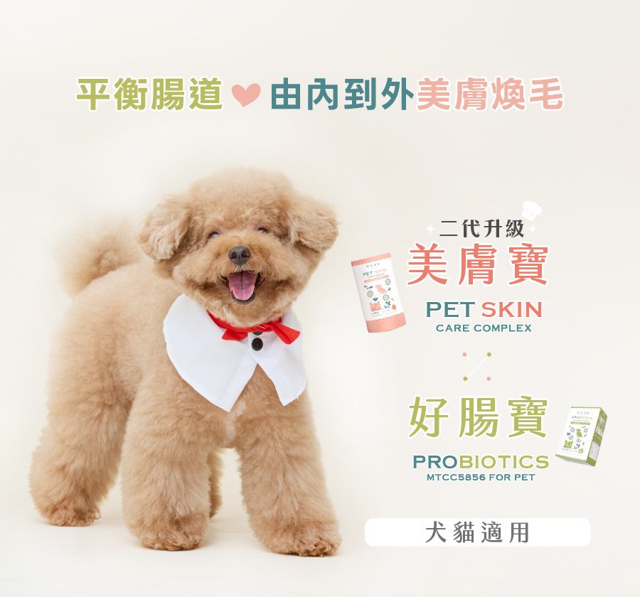 歸毛家族寵物益生菌「好腸寶」與護膚「美膚寶」組合,主打平衡腸道菌叢、美膚煥毛功