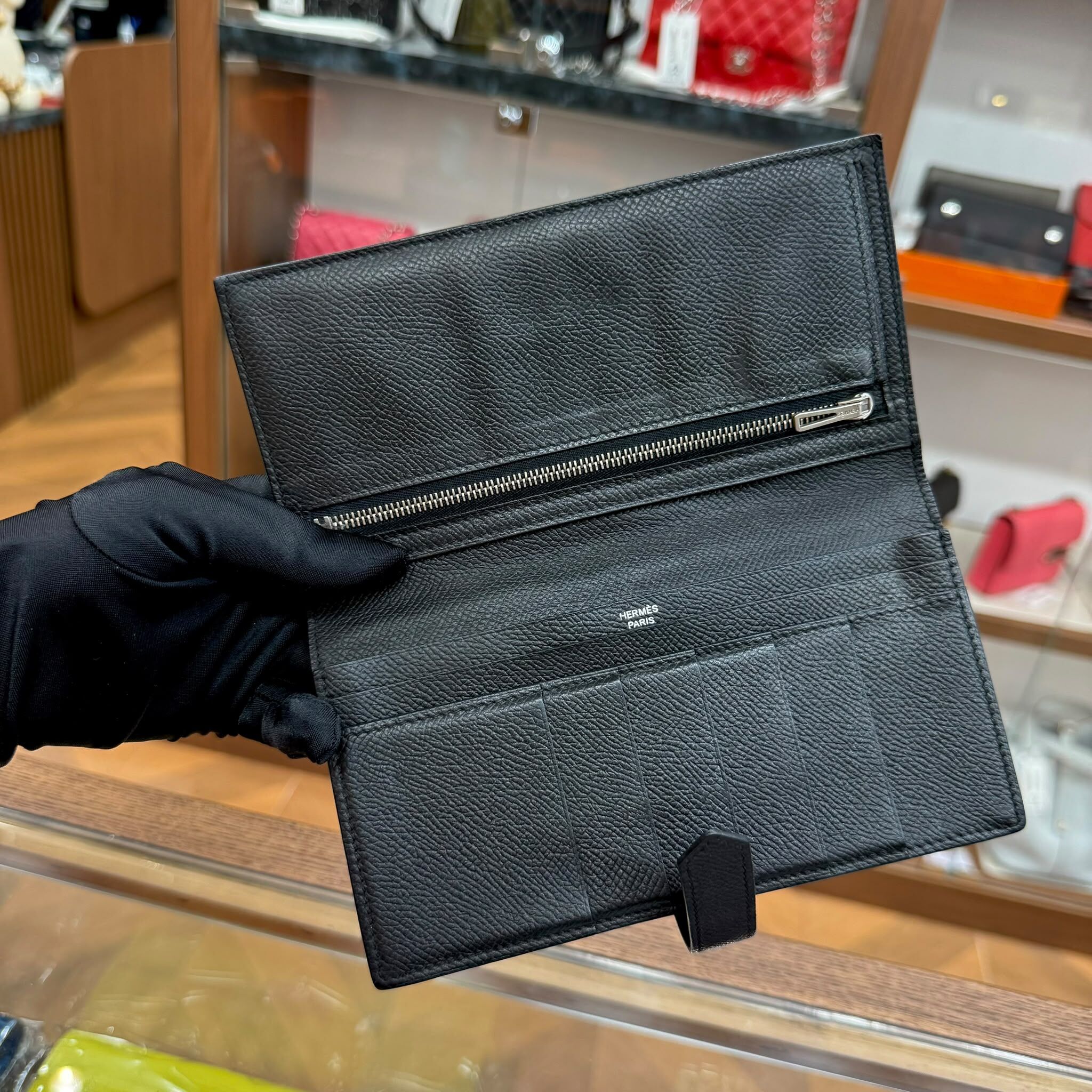 90%NEW USED HERMES BEARN LONG WALLET EPSOM 黑色銀扣 STAMP O #愛馬仕長銀包