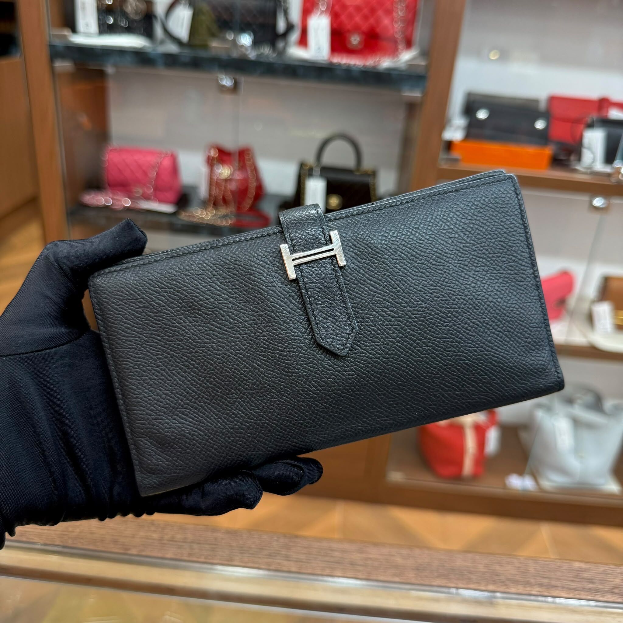 90%NEW USED HERMES BEARN LONG WALLET EPSOM 黑色銀扣 STAMP O #愛馬仕長銀包