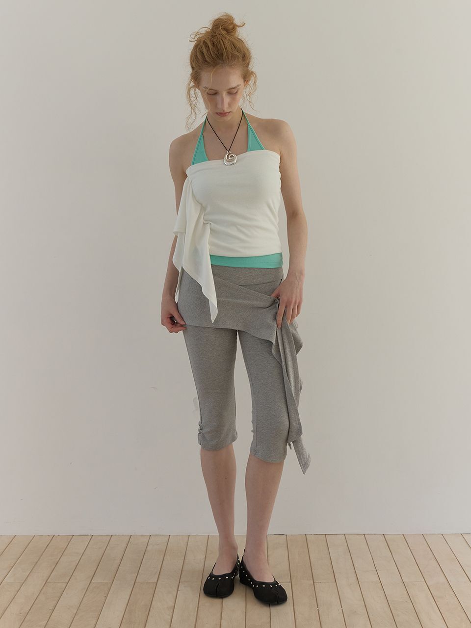 (A41)SCARF LAYERED CAPRI PANTS (MELANGE GREY)