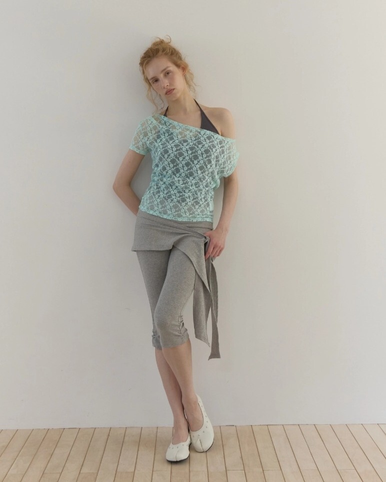 (A41)SCARF LAYERED CAPRI PANTS (MELANGE GREY)
