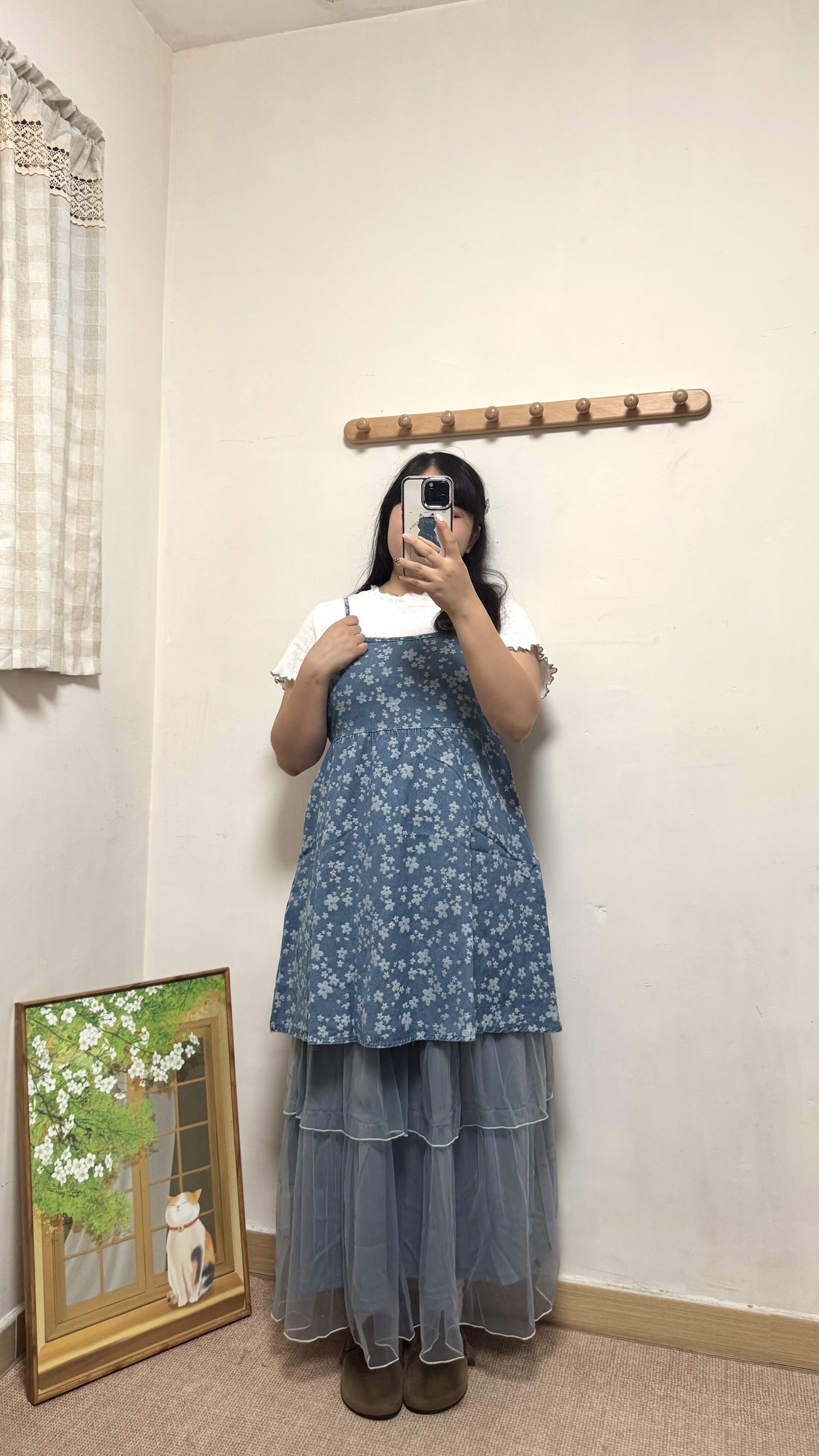 刺繡花朵牛仔布吊帶OPS