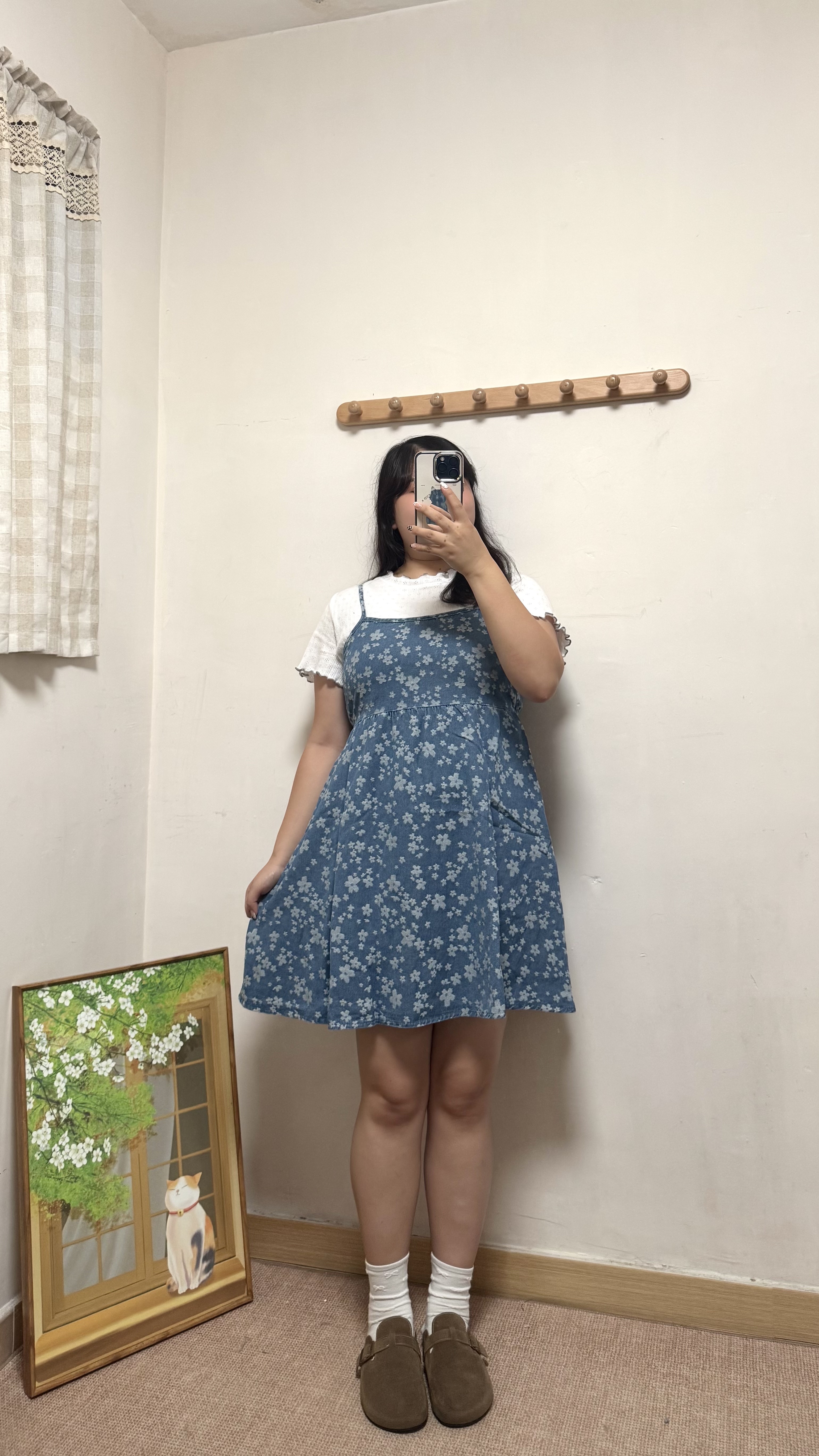 刺繡花朵牛仔布吊帶OPS