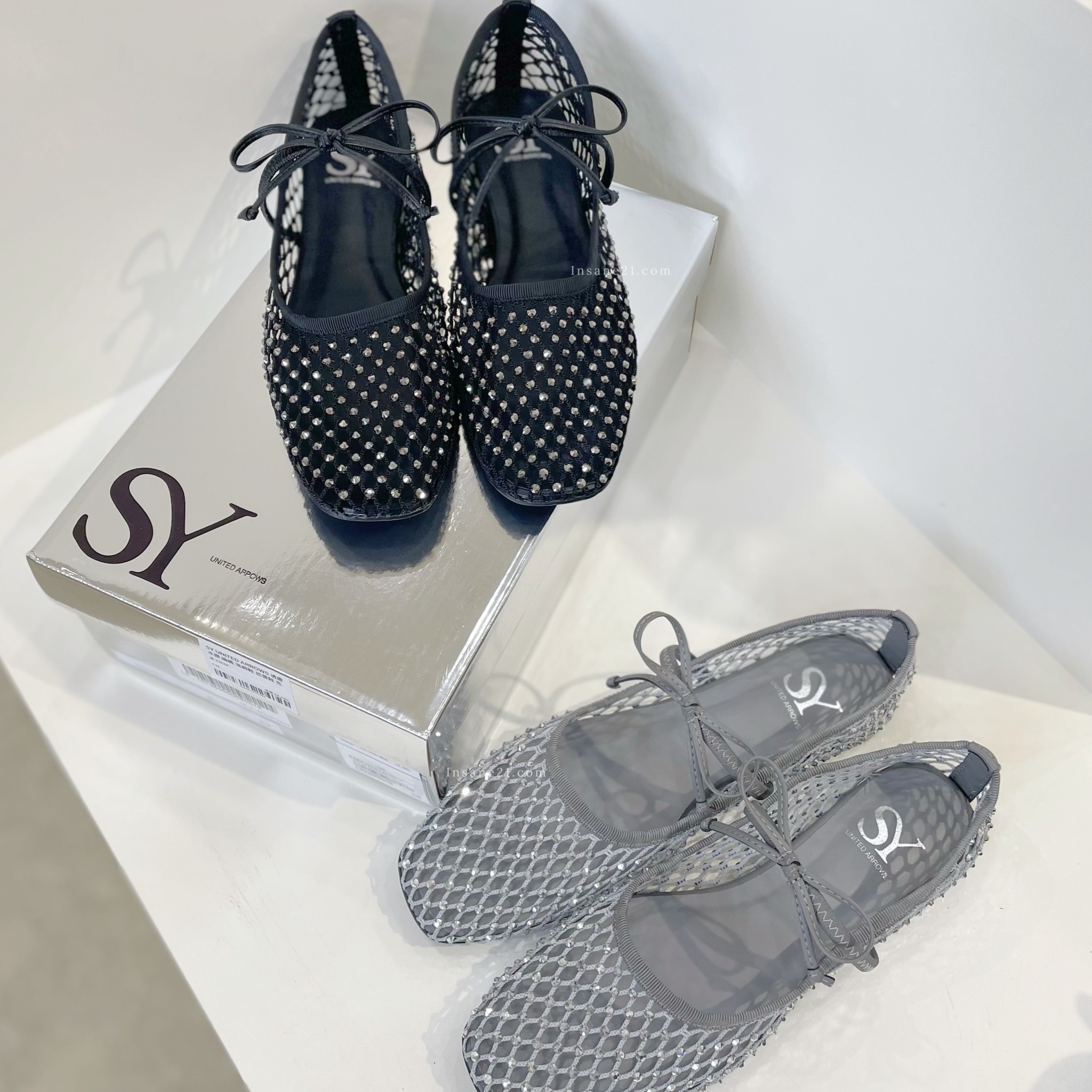 SY UNITED ARROWS 透膚 水鑽 編織 漁網鞋 芭蕾鞋 亮片 氣質 兩色 日本