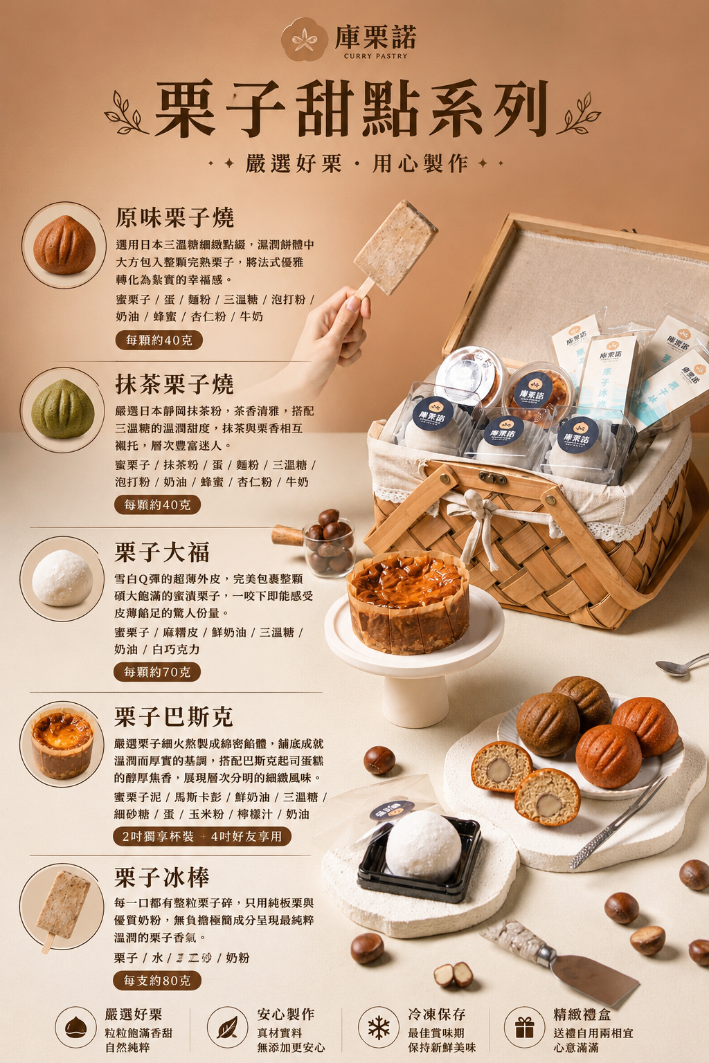 庫栗諾栗子甜點免運費的商品組合照，包含栗子燒、栗子大福、栗子巴斯克、栗子冰棒等人氣甜點，以栗子為主題的甜點組合。