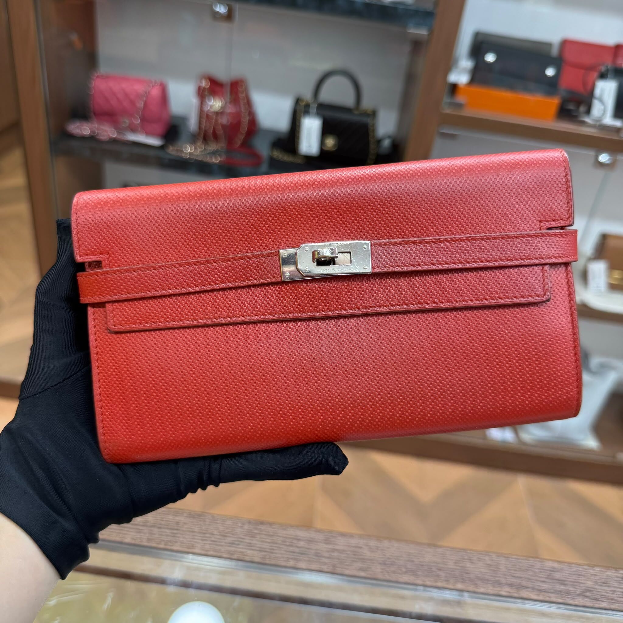 90%NEW USED HERMES KELLY LONG WALLET 9M三文魚紅/GRAIN DH皮 # STAMP Q #愛馬仕長銀包