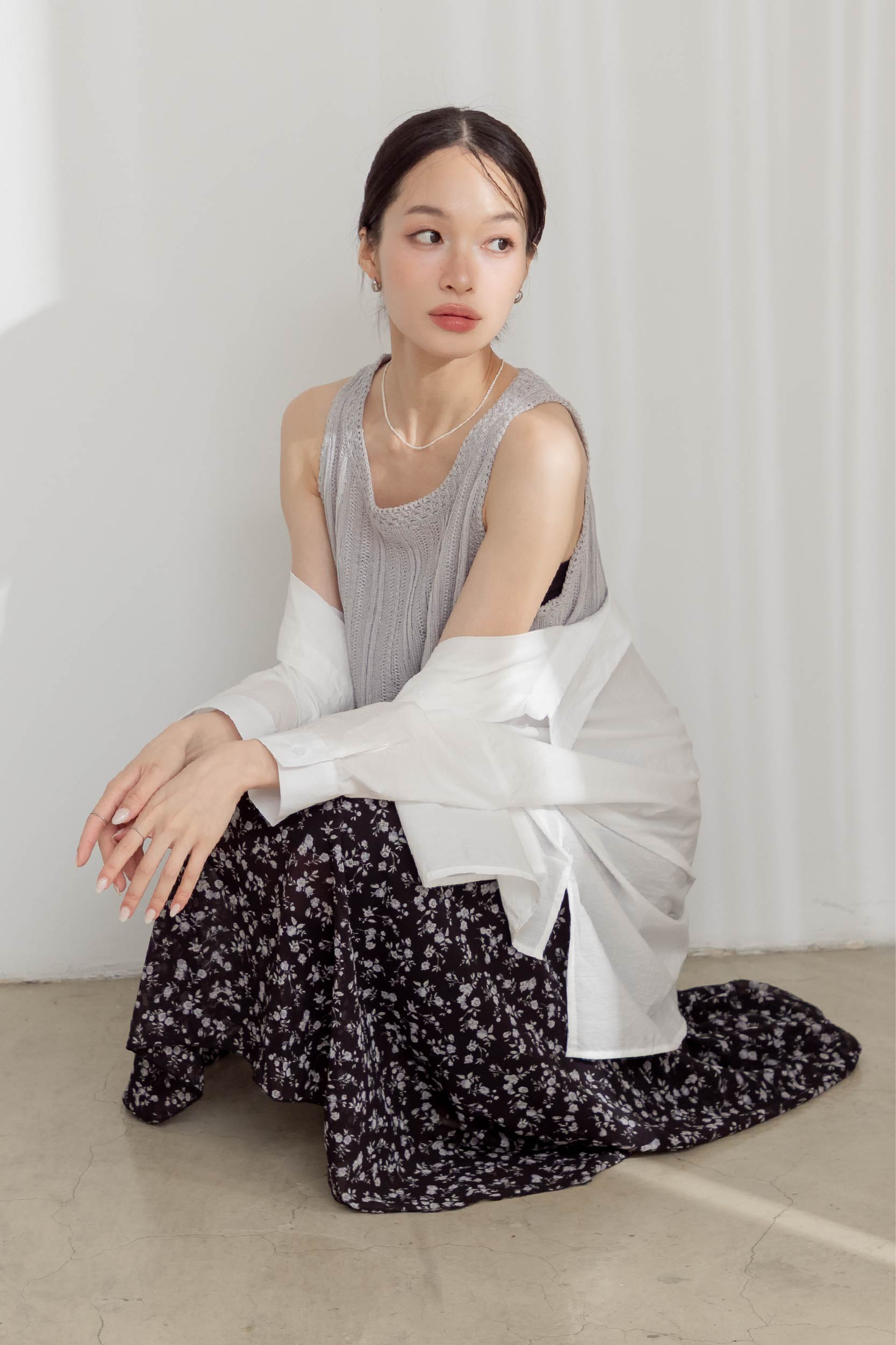 法式輕透弧形擺碎花長裙