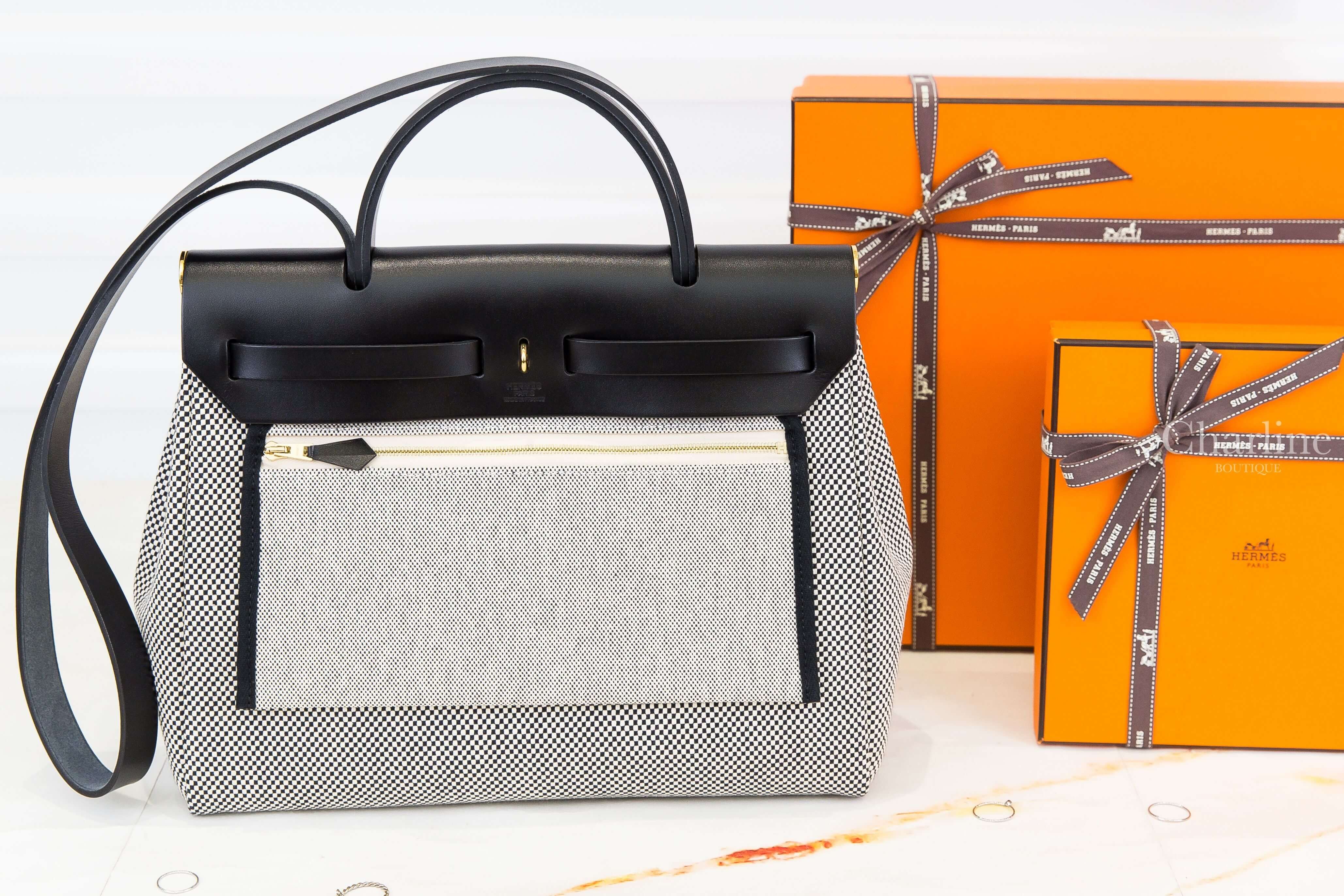 Hermès Herbag Zip 31cm Retourne Toile Criss Viking / Vache Hunter 米灰色帆布編織拼黑色皮革金釦手提肩背包-Charline Boutique 精品代購