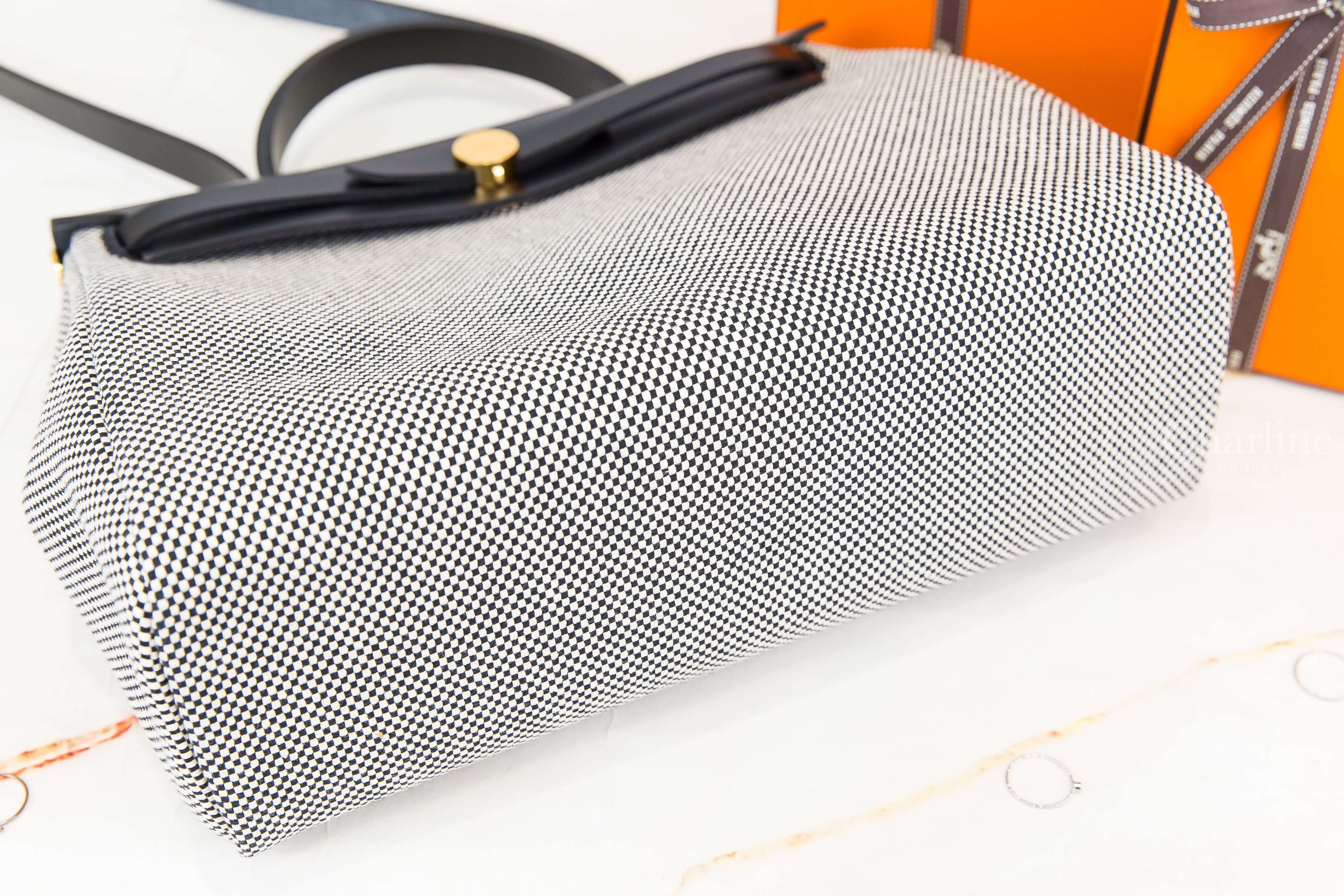 Hermès Herbag Zip 31cm Retourne Toile Criss Viking / Vache Hunter 米灰色帆布編織拼黑色皮革金釦手提肩背包-Charline Boutique 精品代購